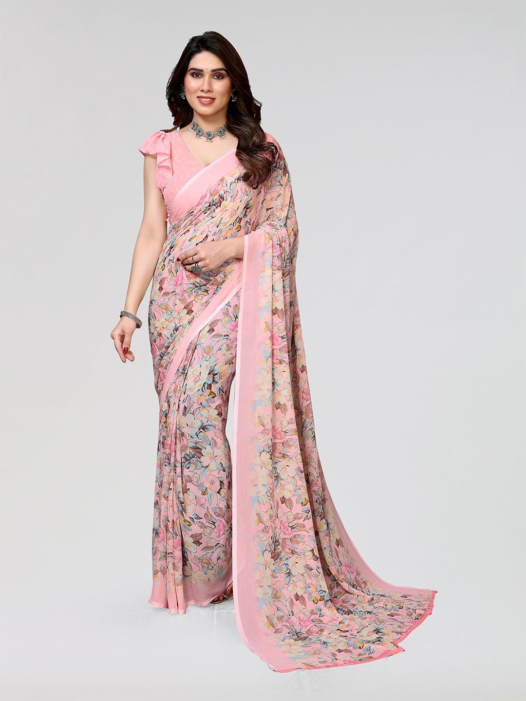 

Moda Rapido Floral Printed Saree With Unstitched Blouse Piece, Pink