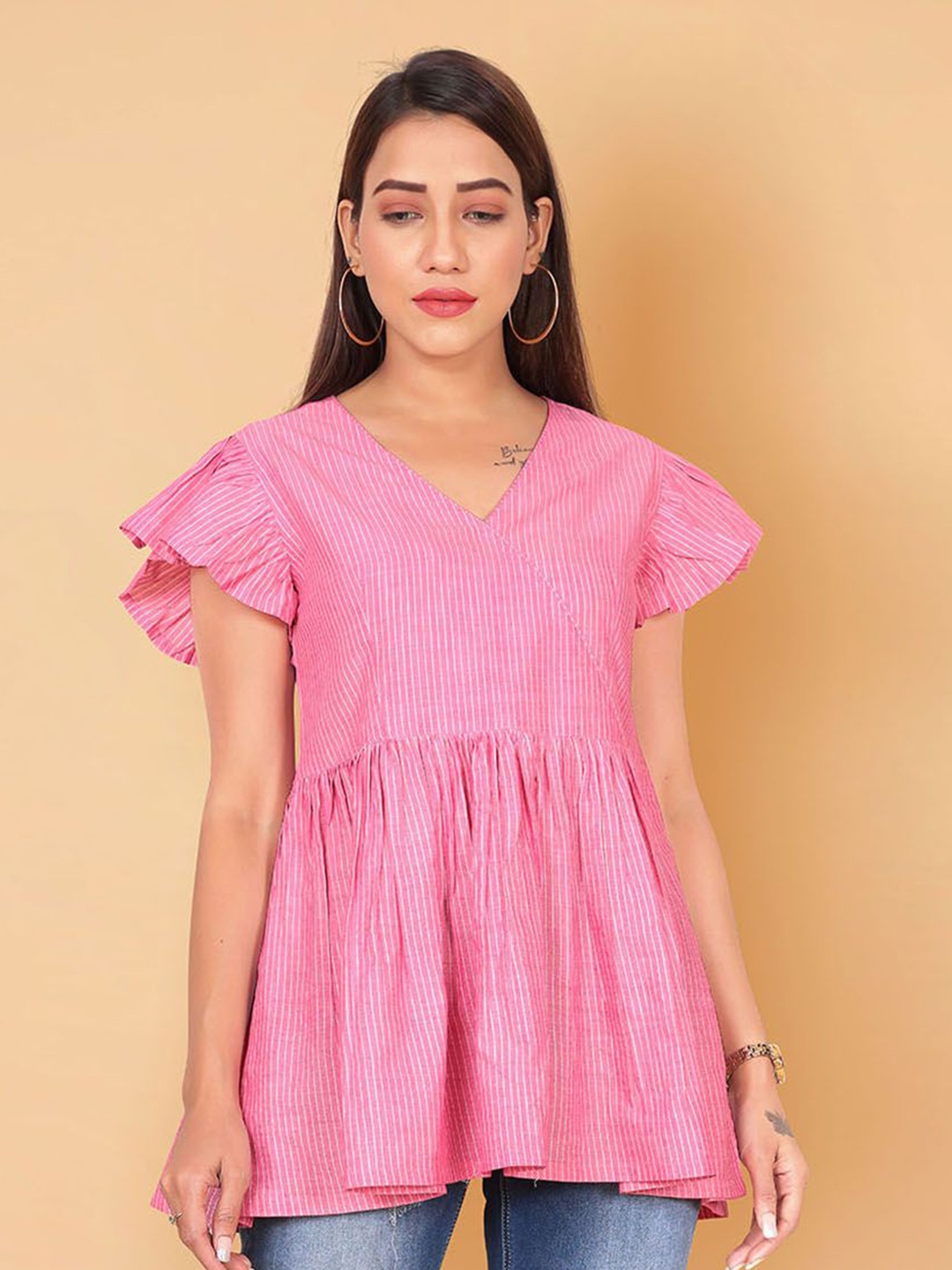 

Moda Rapido Women Striped Flutter Sleeve Wrap Cotton Top, Pink