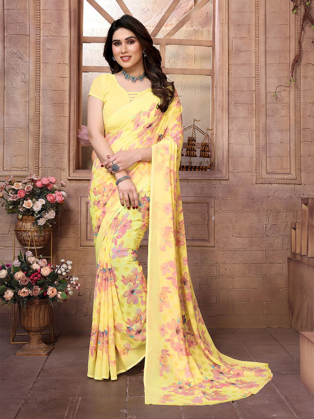 

Moda Rapido Women Floral Printed Saree, Yellow