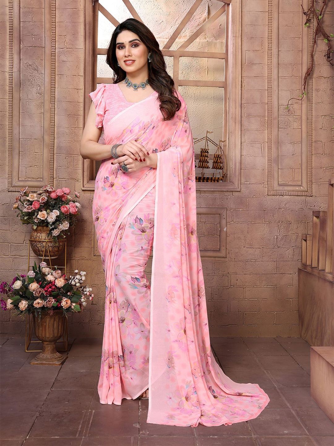 

Moda Rapido Floral Printed Saree with Unstitched Blouse Piece, Pink