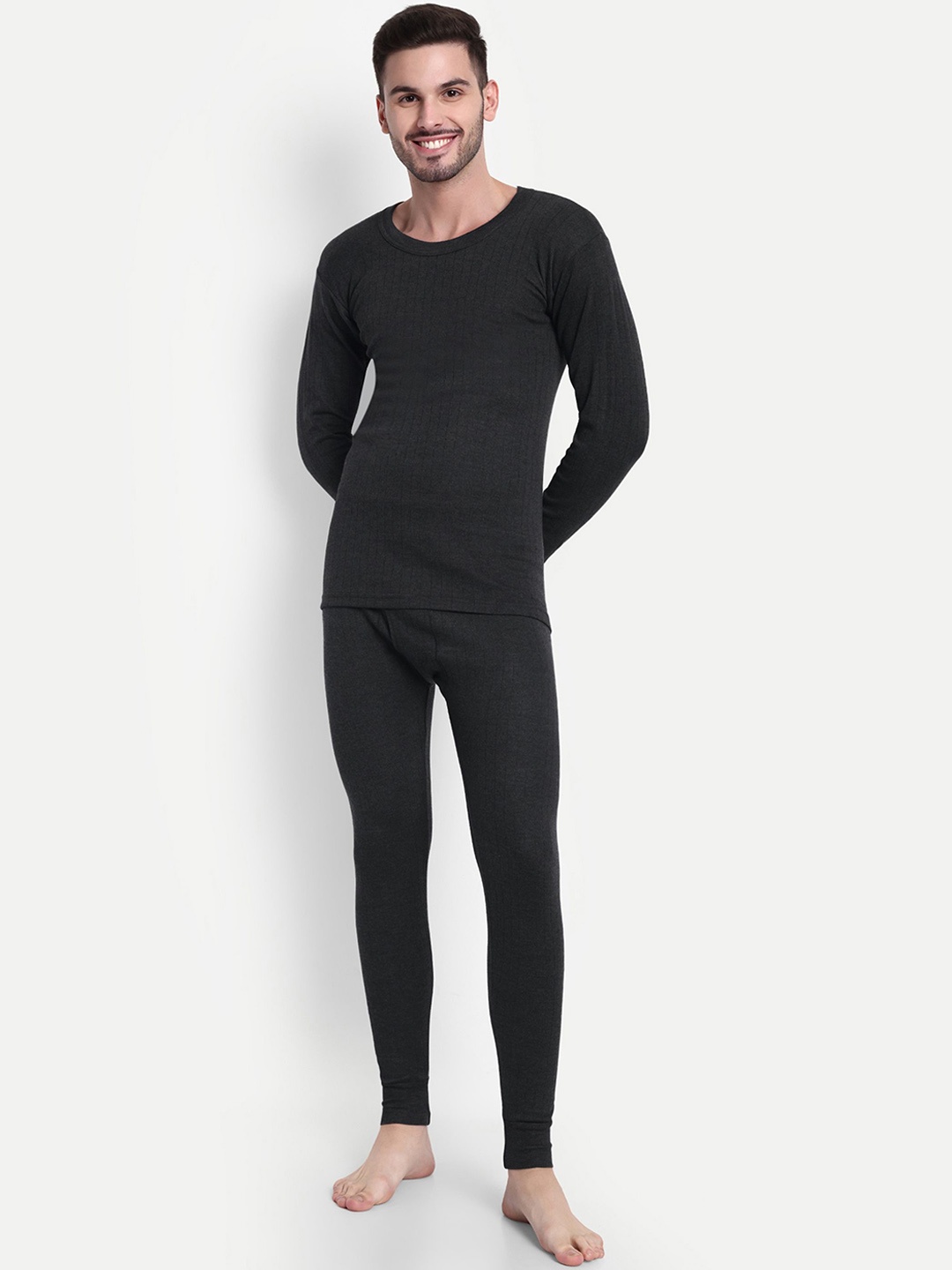 

inner element Men Striped Round Neck Cotton Thermal Set, Grey