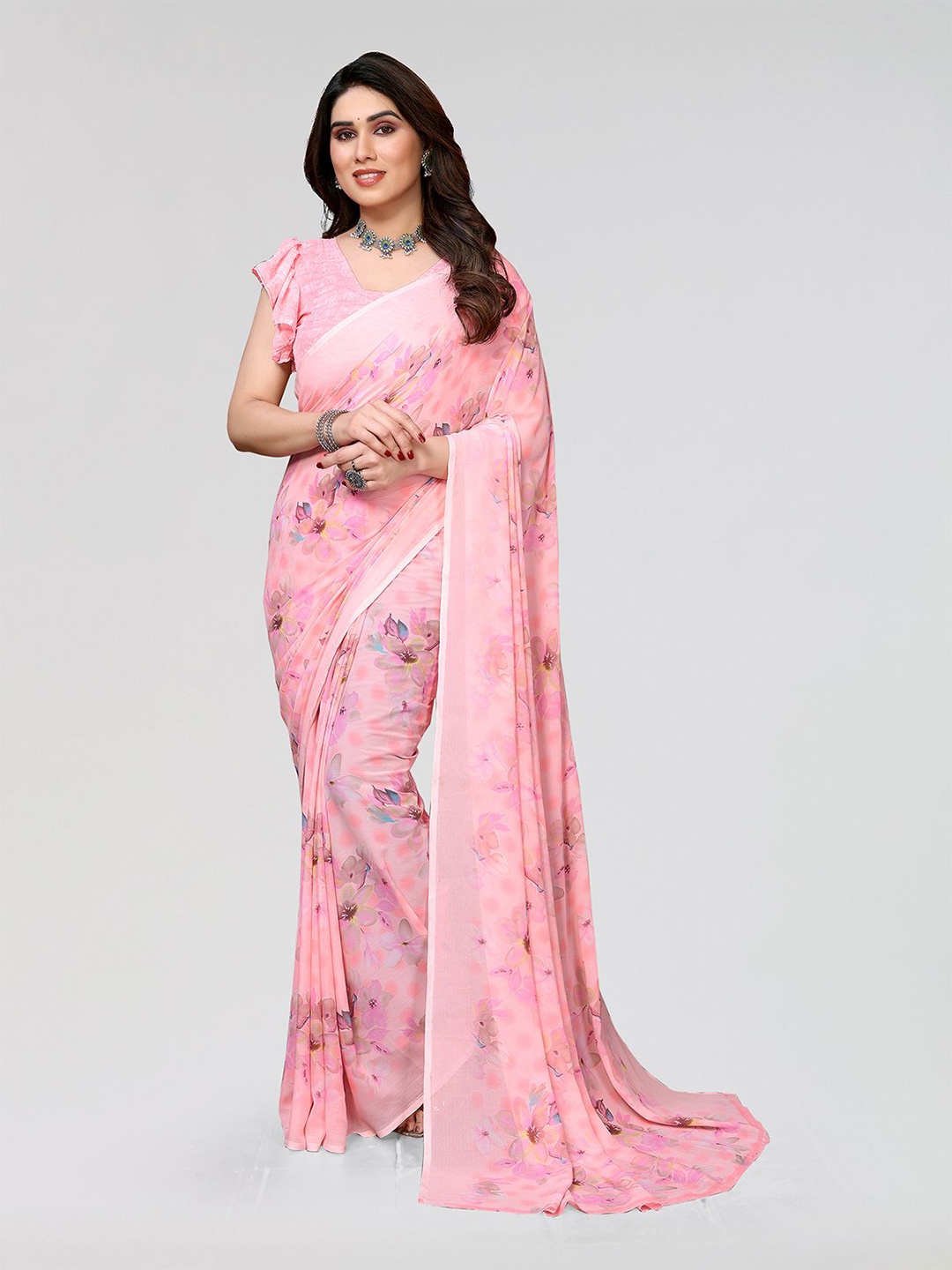 

Moda Rapido Floral Printed Saree With Unstitched Blouse Piece, Pink