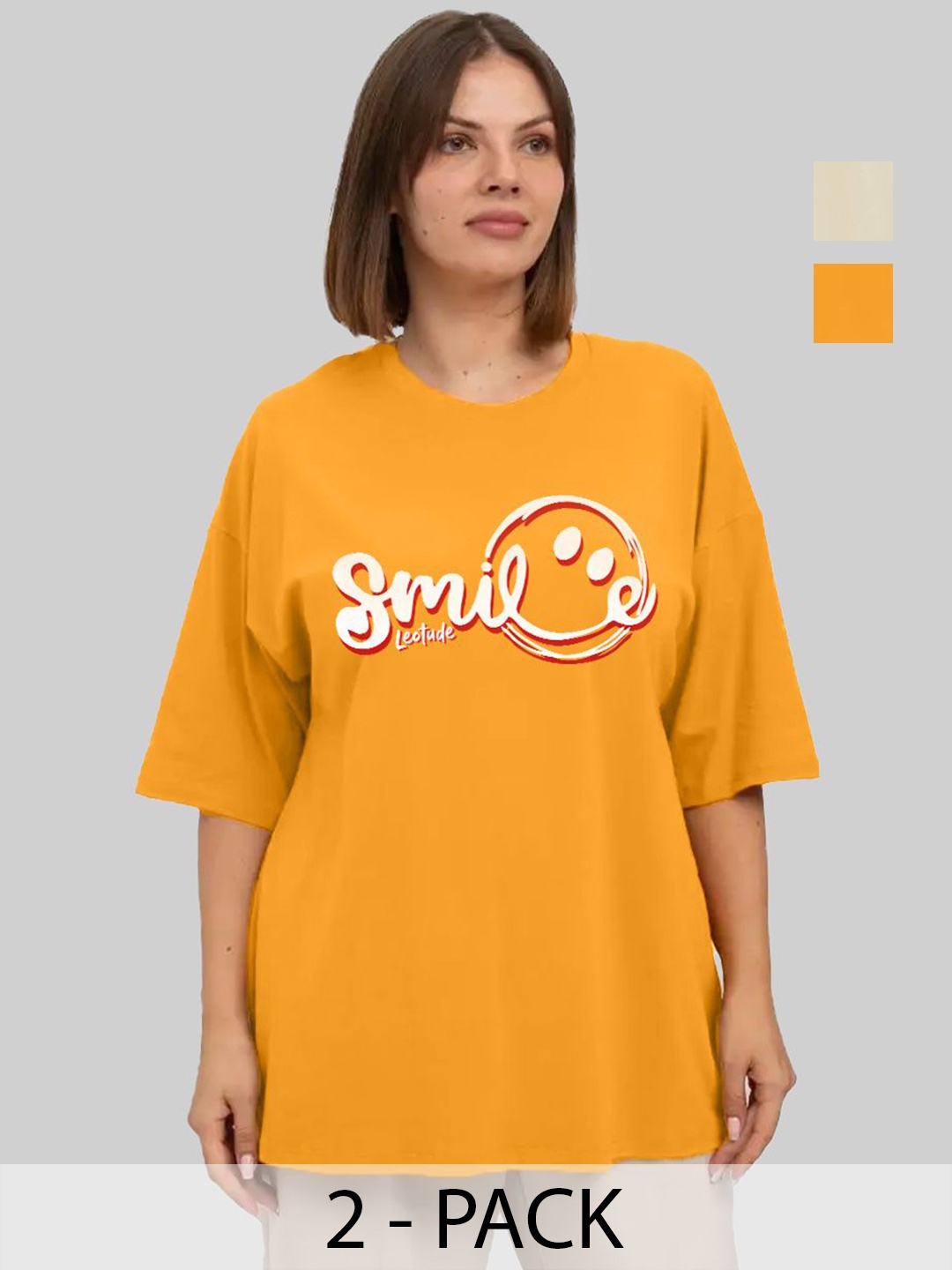 

Leotude Women Pack Of 2 Graphic Printed Round Neck Cotton Oversized T-shirts, Mustard