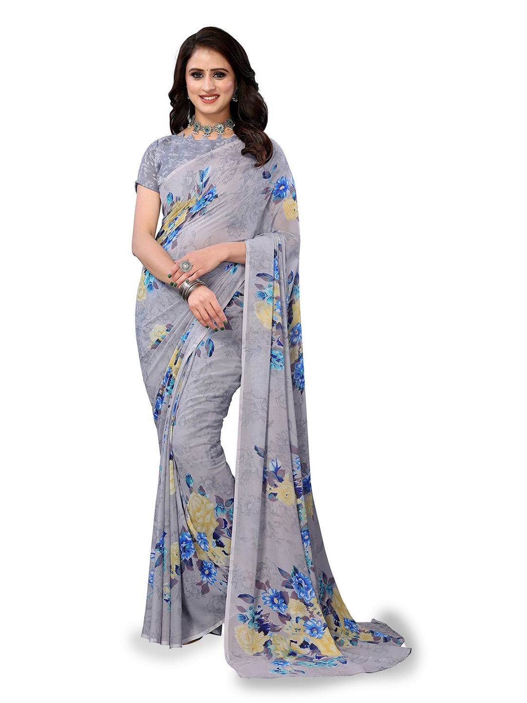 

Moda Rapido Floral Printed Saree with Blouse Piece, Grey