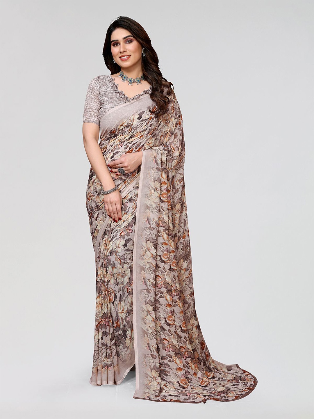 

ANAND SAREES Floral Printed Designer Saree, Brown