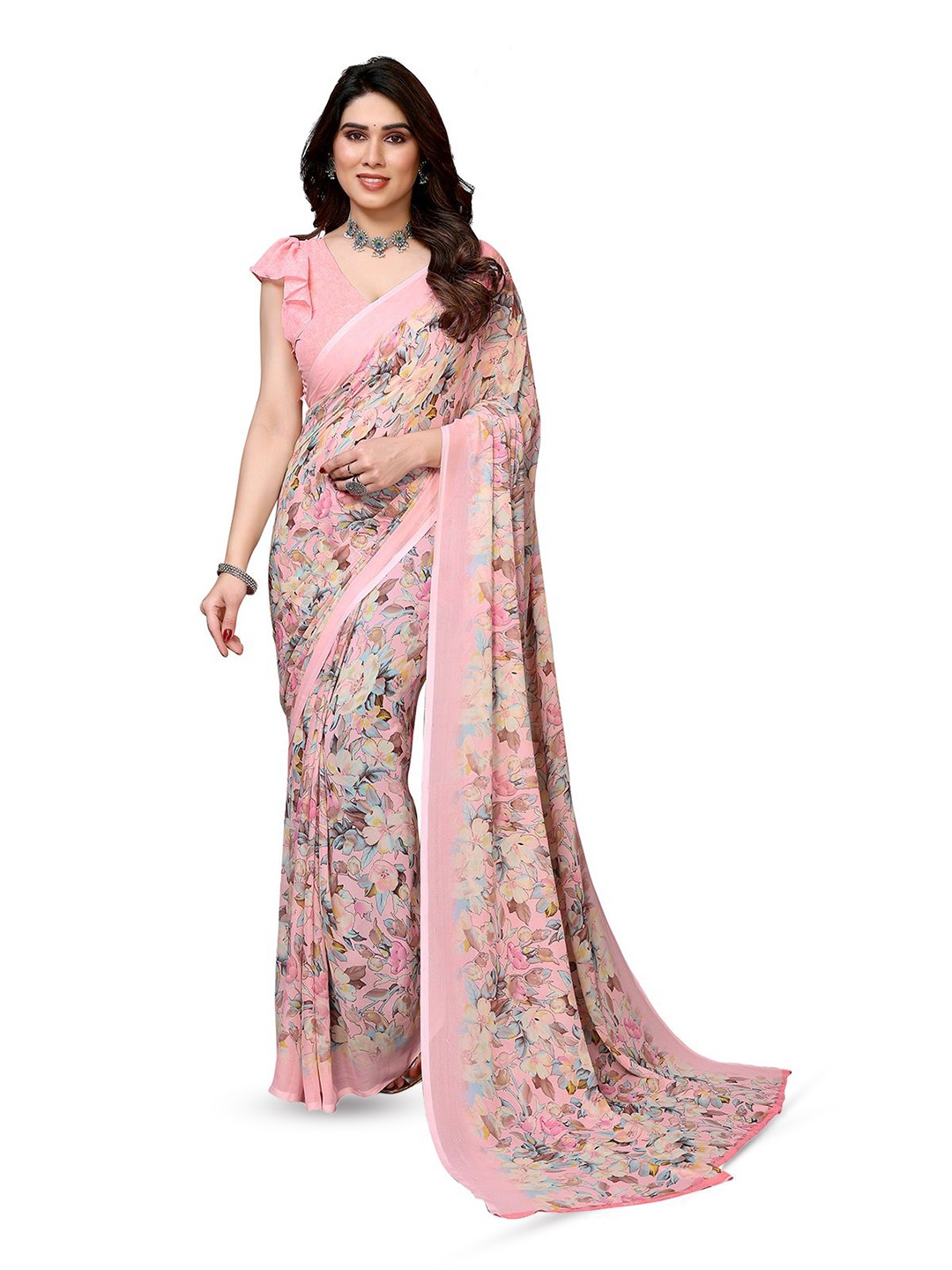 

Moda Rapido Floral Poly Georgette Saree, Pink