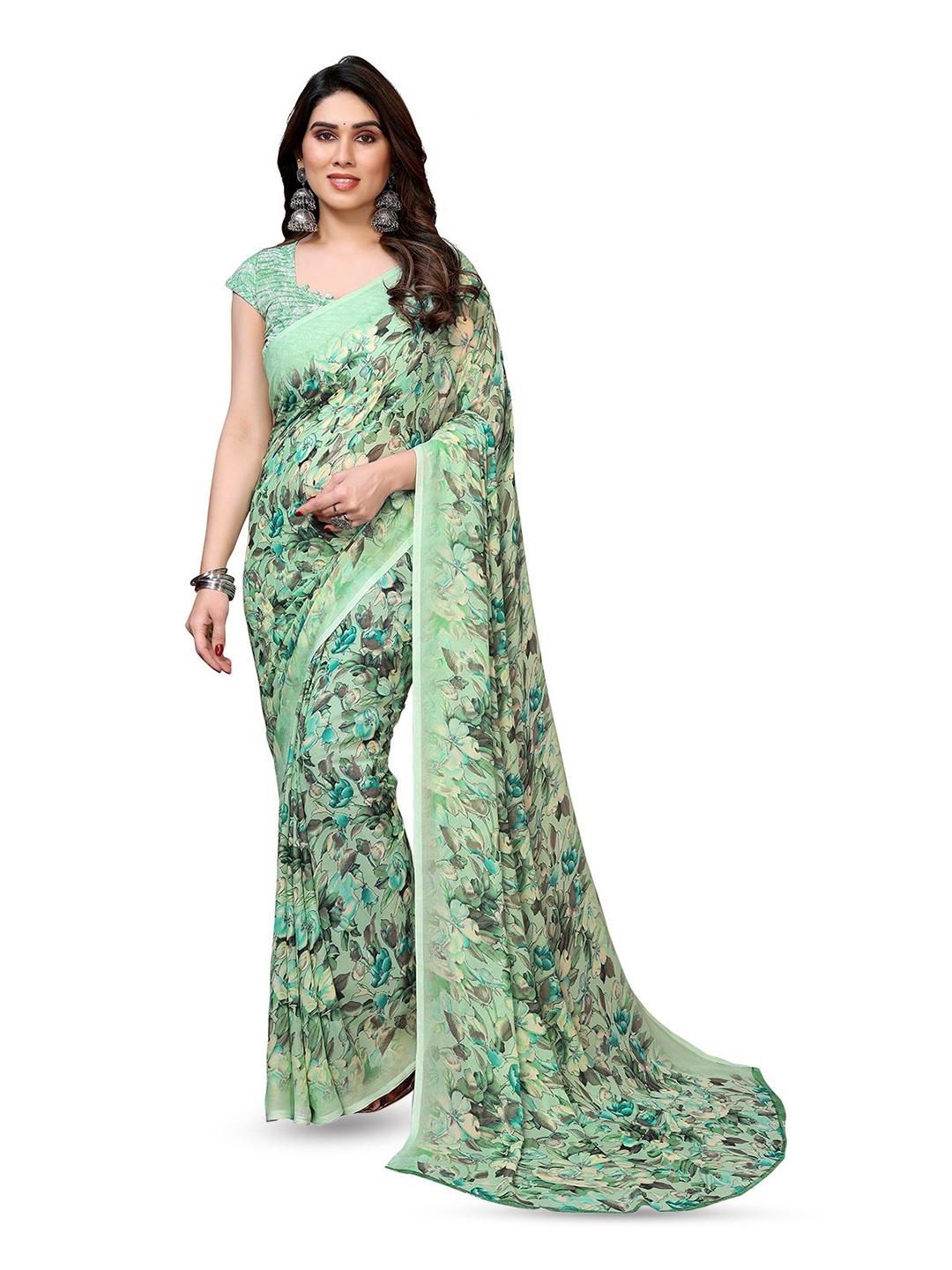 

Moda Rapido Floral Printed Saree with Unstitched Blouse Piece, Teal