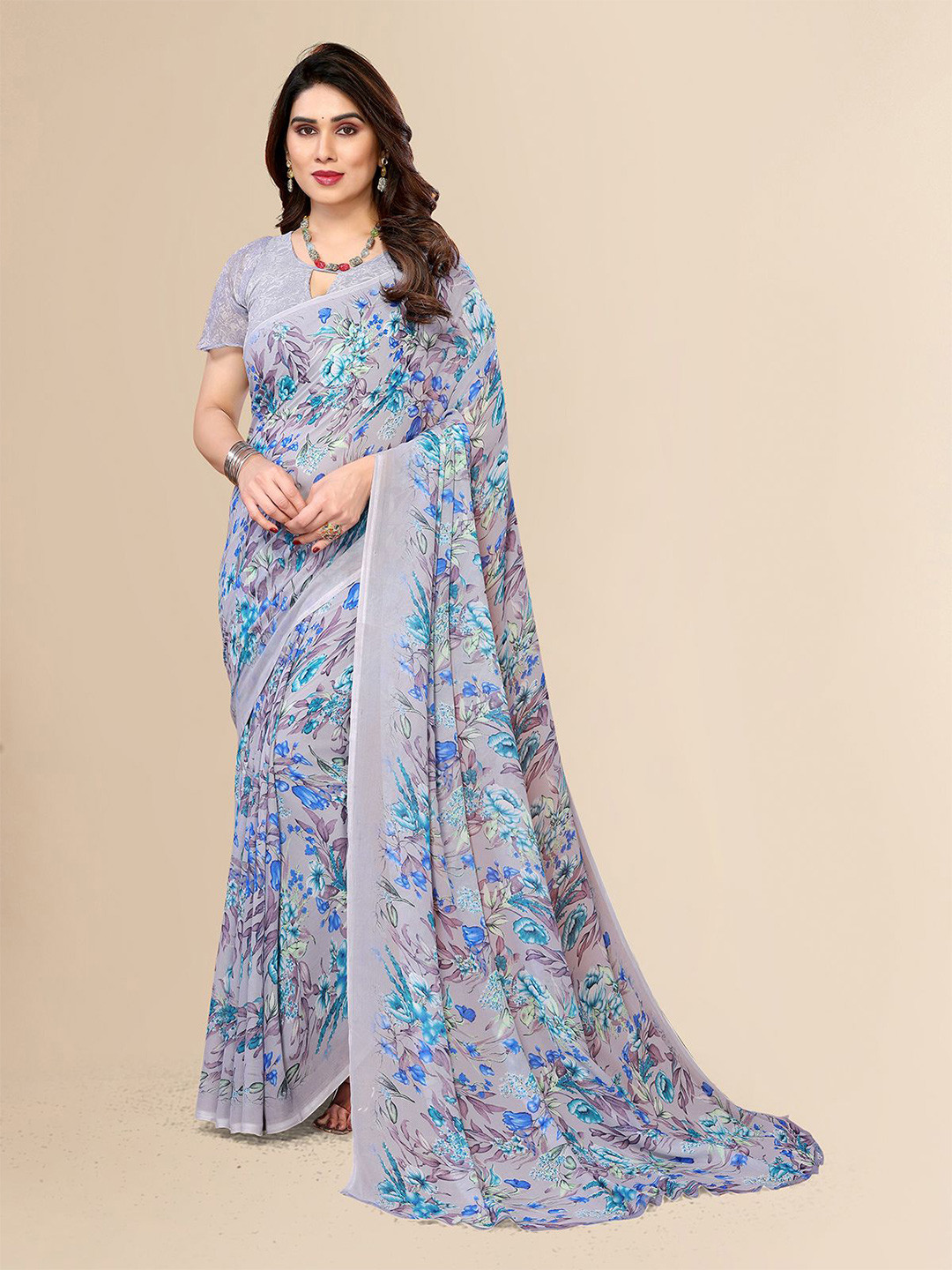 

Moda Rapido Floral Printed Saree With Unstitched Blouse Piece, Grey
