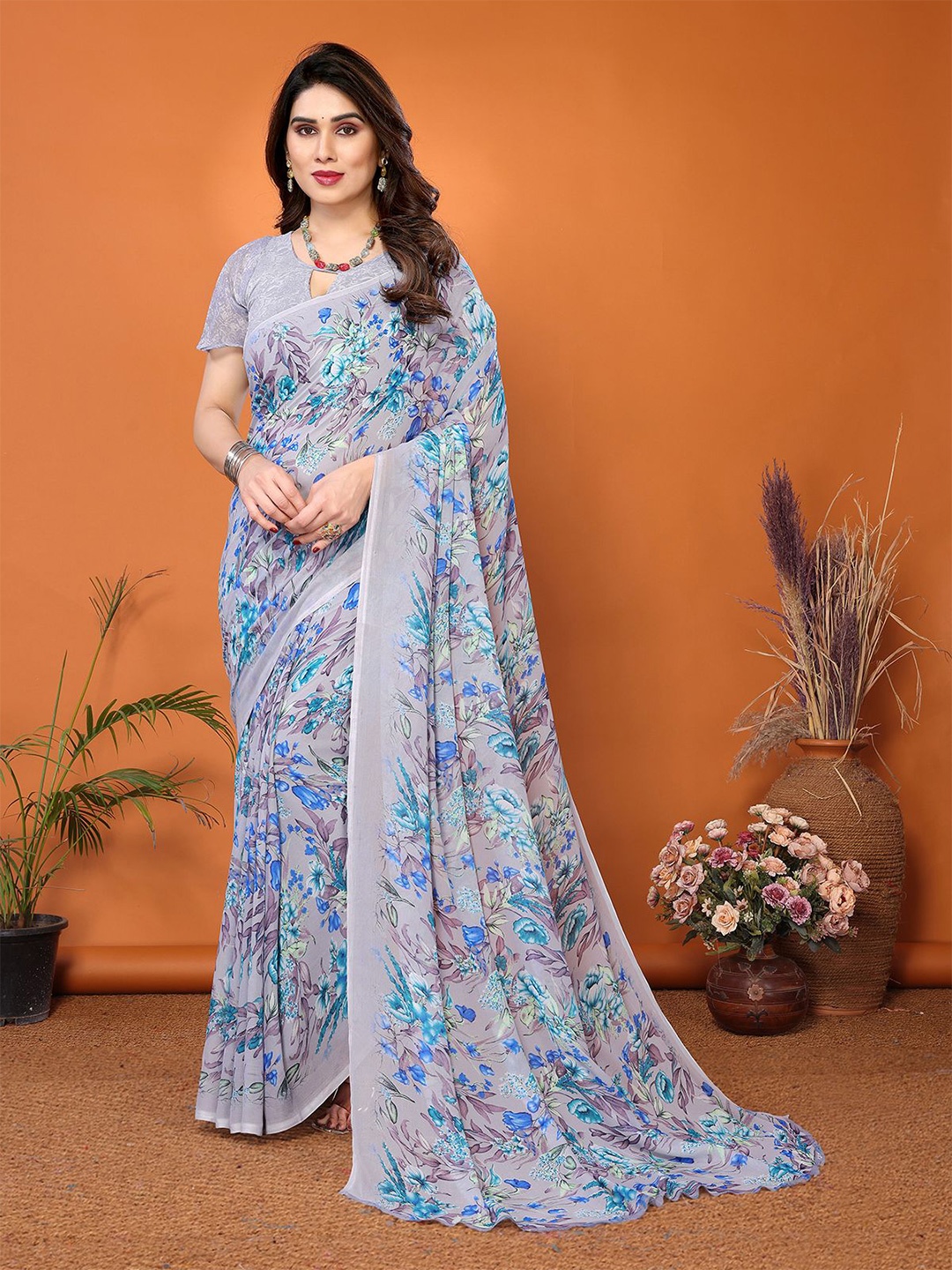 

Moda Rapido Floral Printed Saree with Blouse Piece, Grey