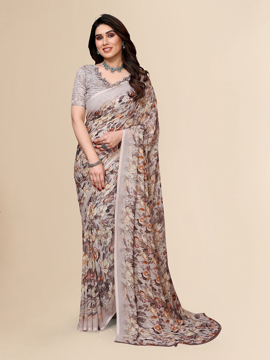 

ANAND SAREES Floral Printed Saree With Unstitched Blouse Piece, Brown