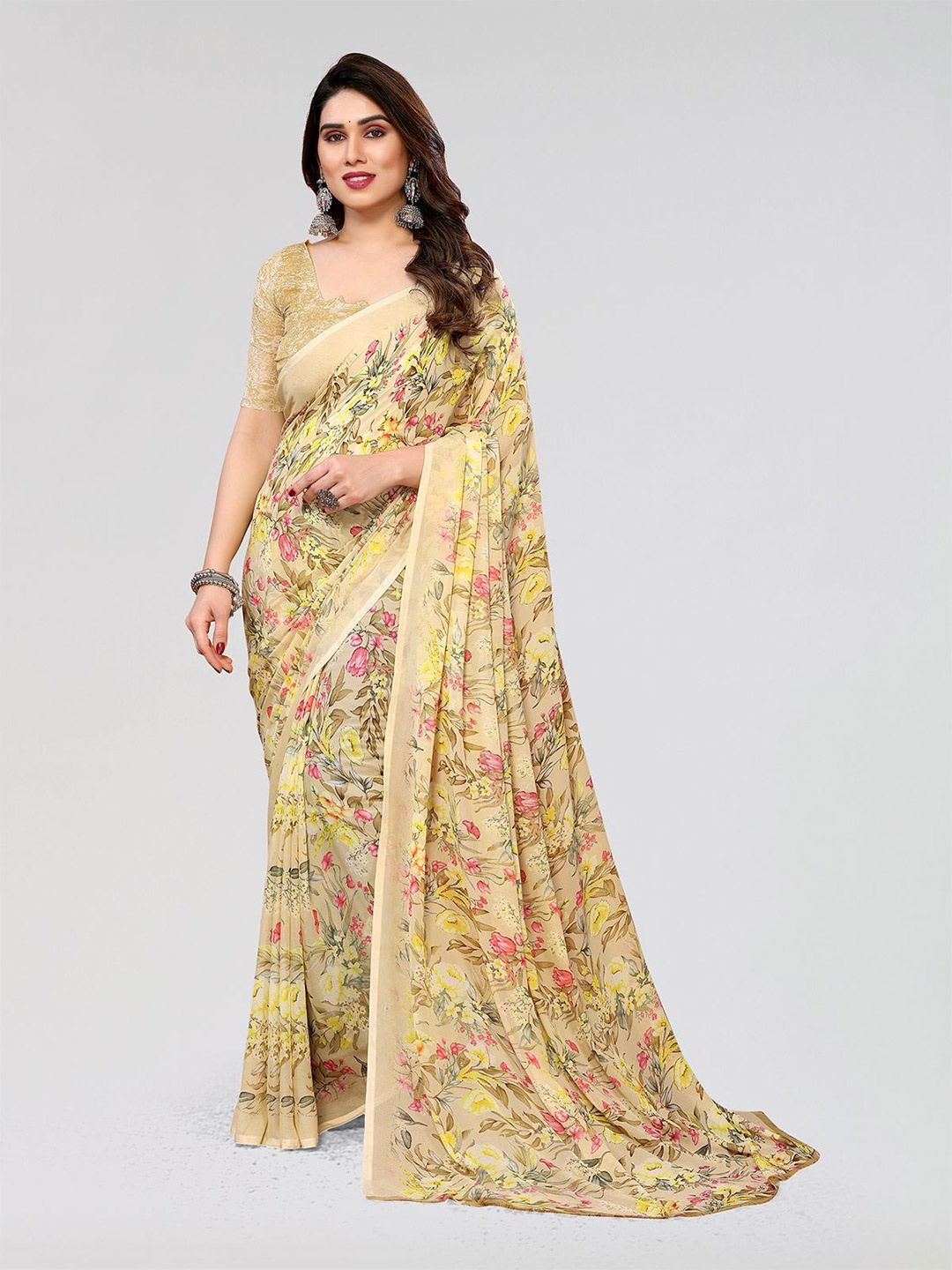 

Moda Rapido Floral Printed Saree With Blouse Piece, Beige