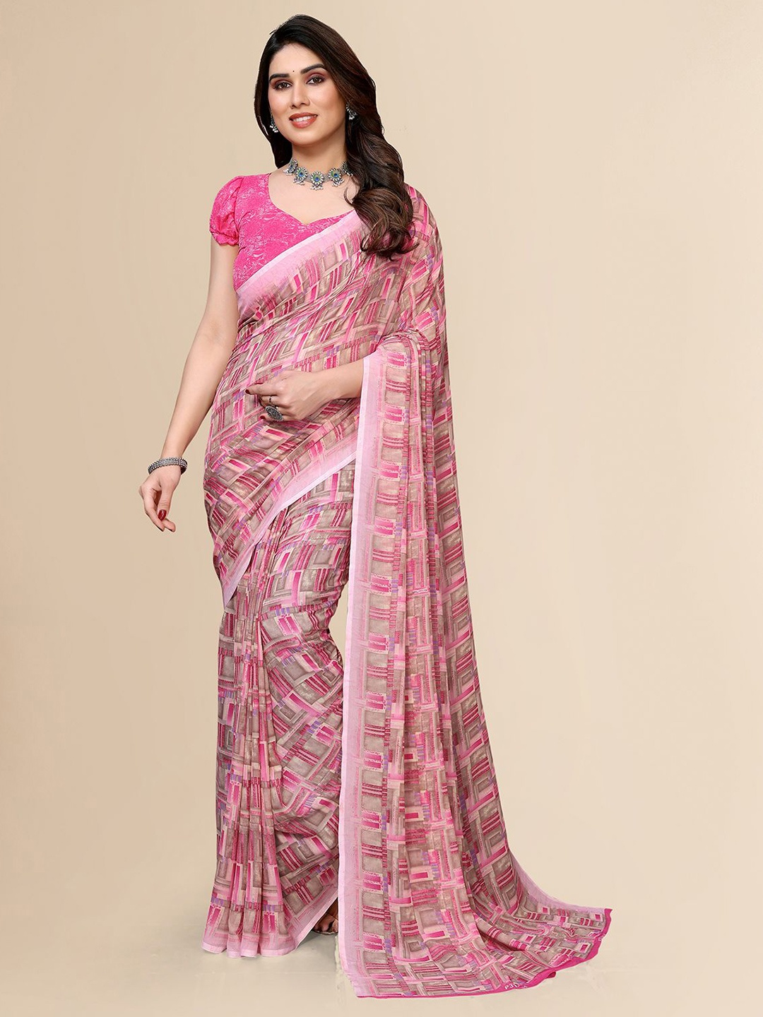 

Moda Rapido Printed Saree with Unstitched Blouse Piece, Pink