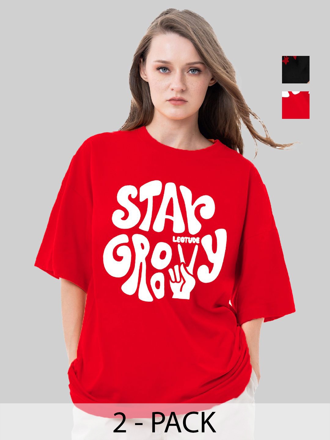 

Leotude Women Pack Of 2 Typography Printed Round Neck Cotton Oversized T-shirts, Red