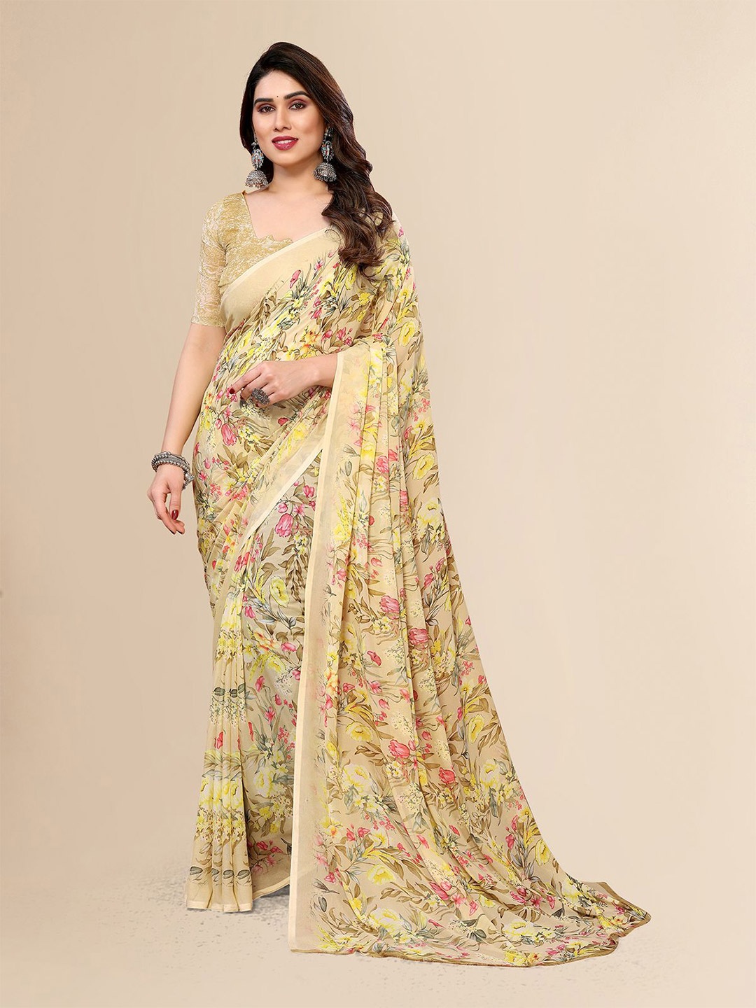 

Moda Rapido Floral Printed Saree With Unstitched Blouse Piece, Beige