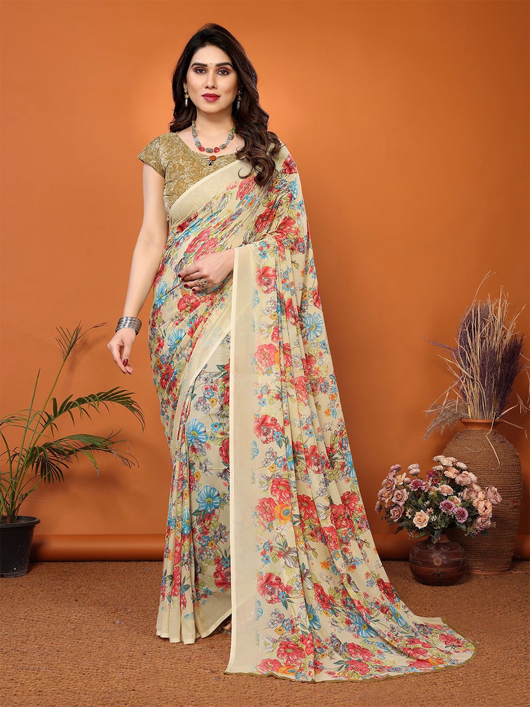 

Moda Rapido Floral Printed Saree, Beige