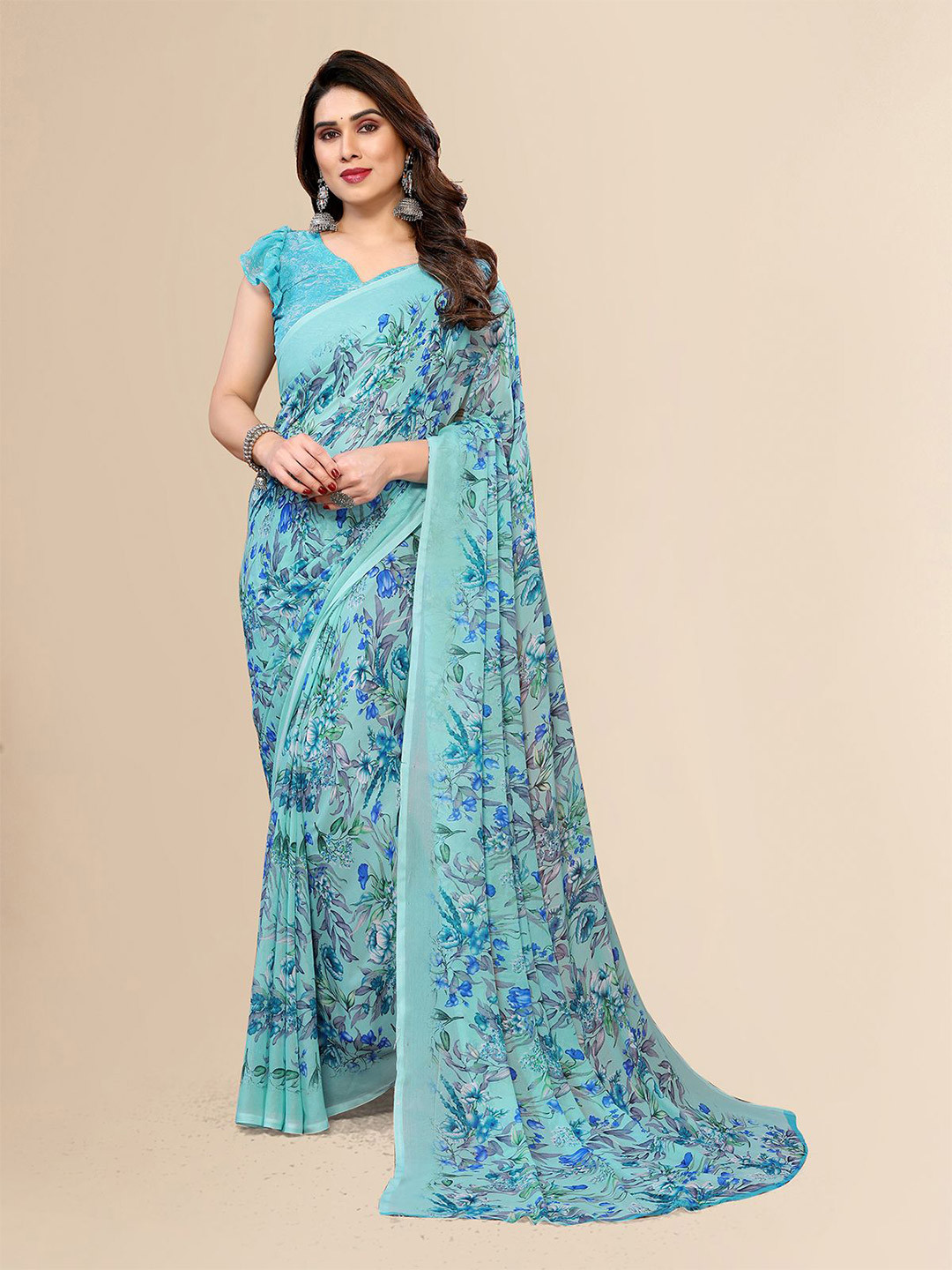 

Moda Rapido Floral Poly Georgette Saree, Blue