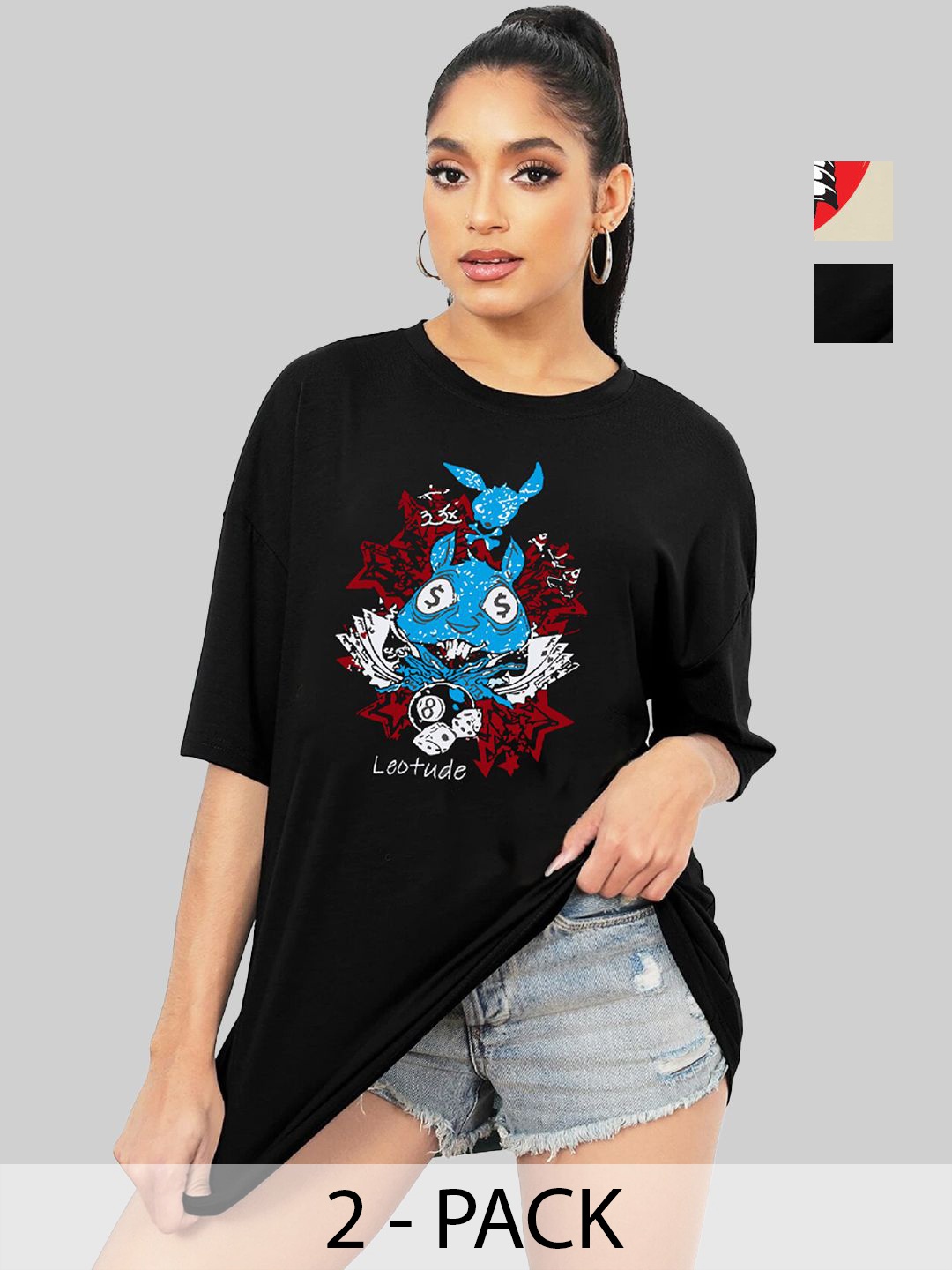 

Leotude Women Pack Of 2 Graphic Printed Round Neck Cotton Oversized T-shirts, Black