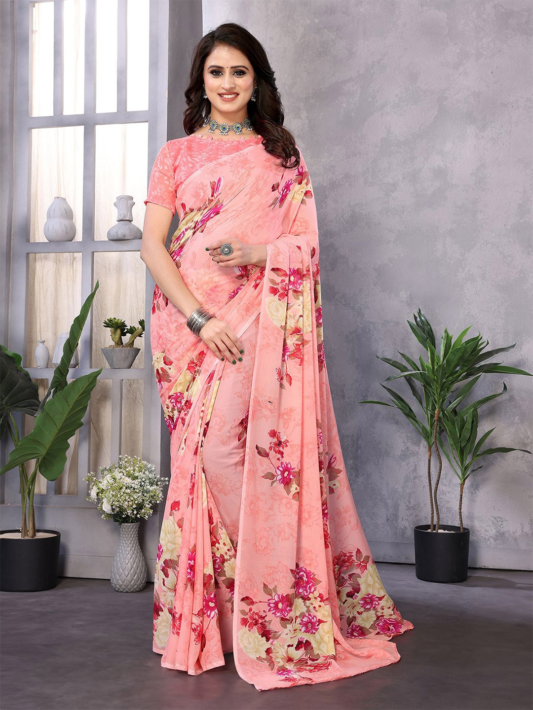 

Moda Rapido Floral Printed Saree With Blouse Piece, Pink