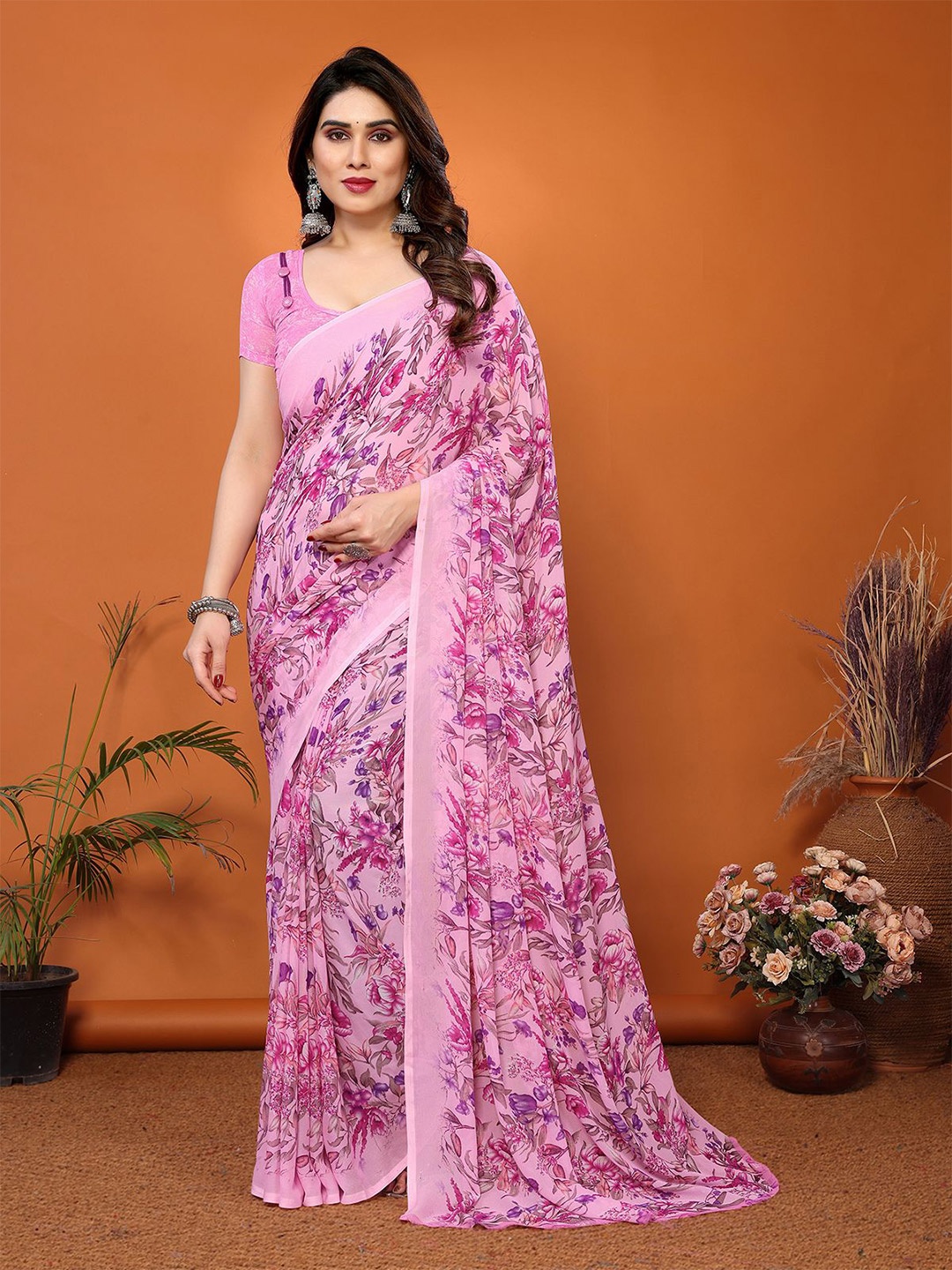 

Moda Rapido Floral Printed Saree With Unstitched Blouse Piece, Pink