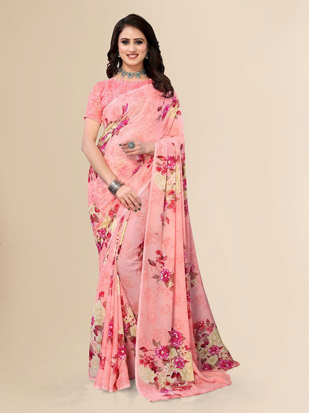 

Moda Rapido Floral Printed Saree With Unstitched Blouse Piece, Pink