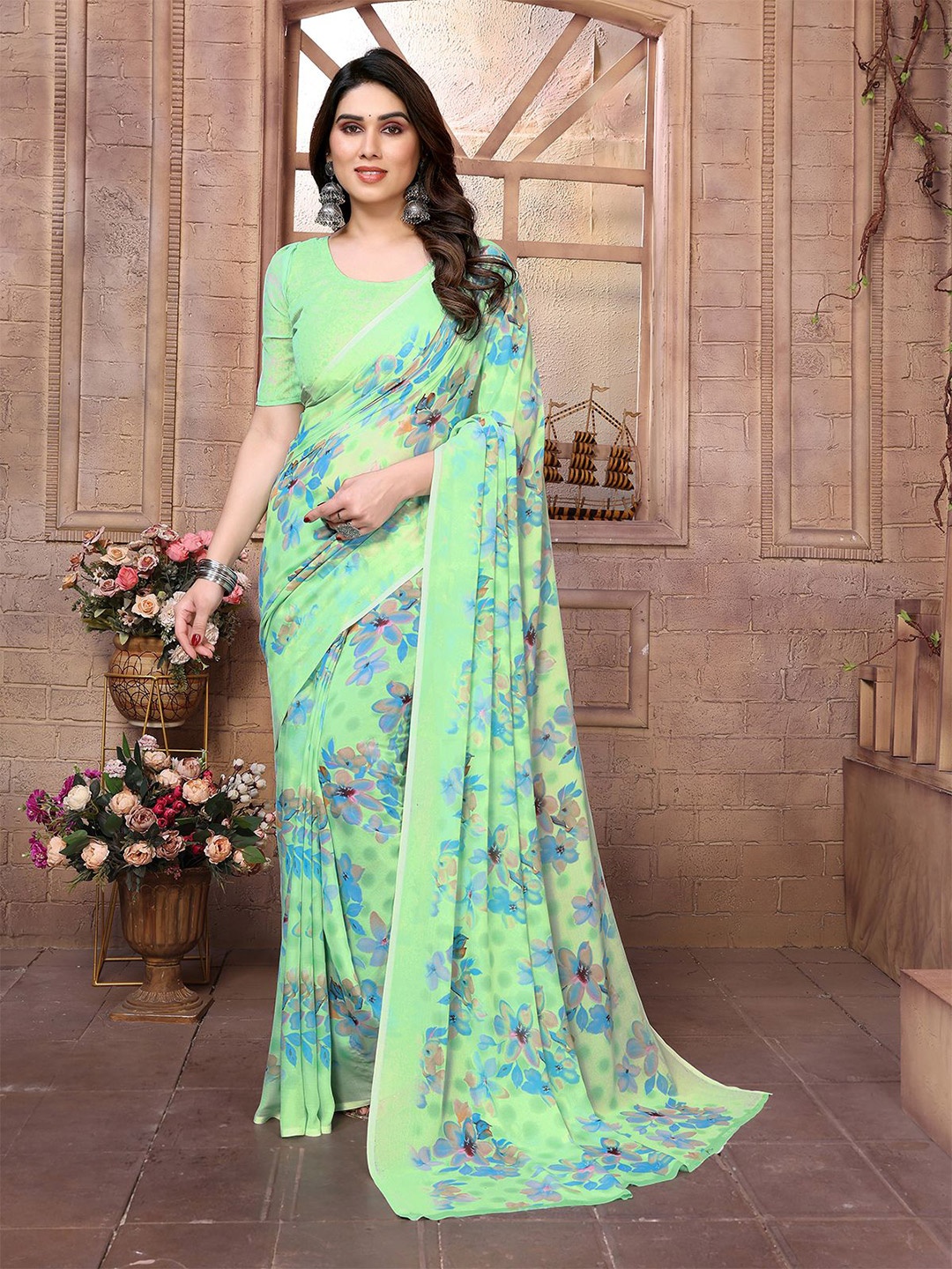 

Moda Rapido Floral Printed Saree With Blouse Piece, Green