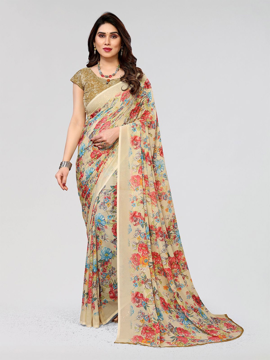 

Moda Rapido Floral Printed Saree With Unstitched Blouse Piece, Beige