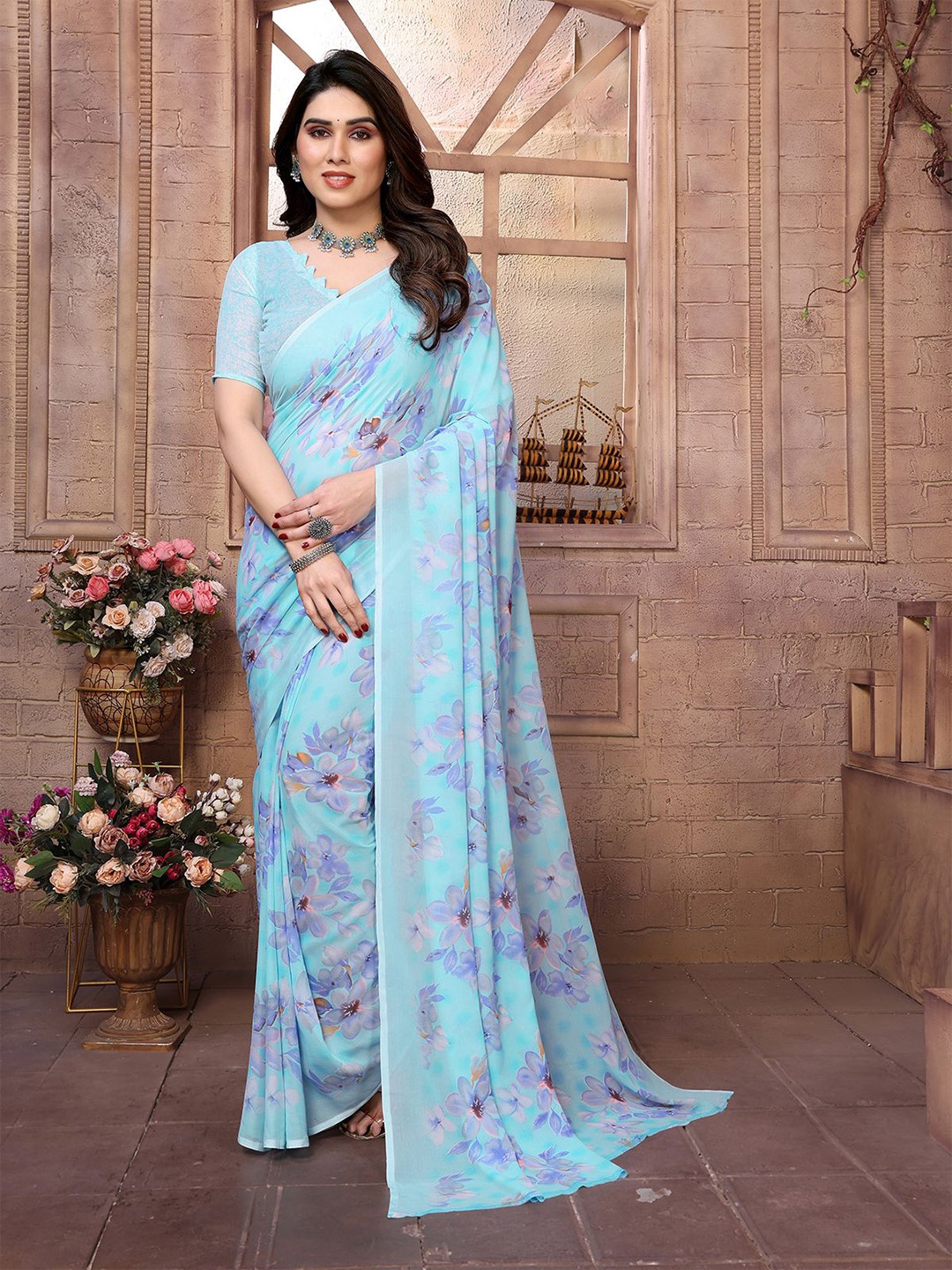 

Moda Rapido Floral Printed Saree With Blouse Piece, Blue