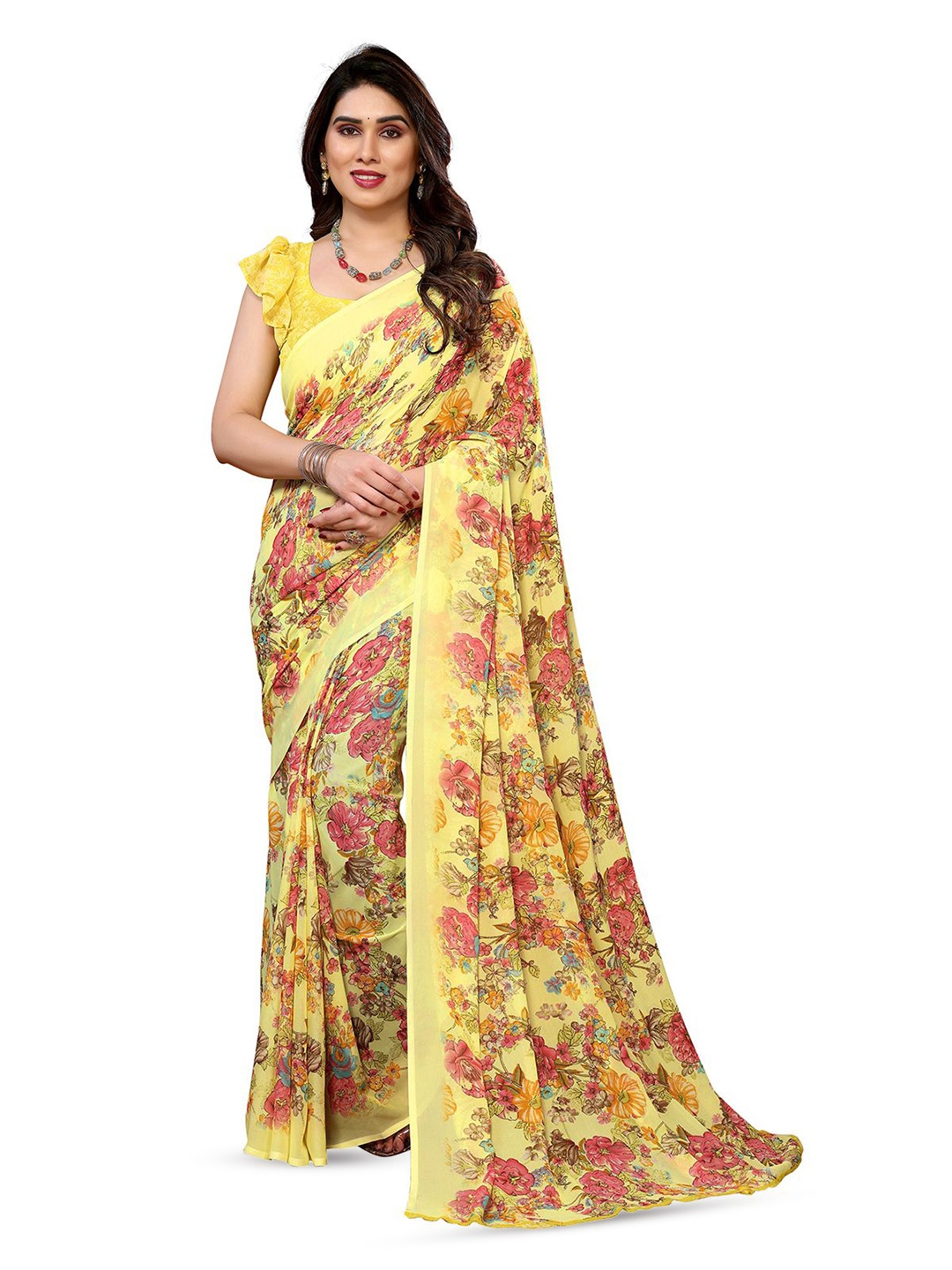 

Moda Rapido Floral Printed Saree with Blouse Piece, Yellow