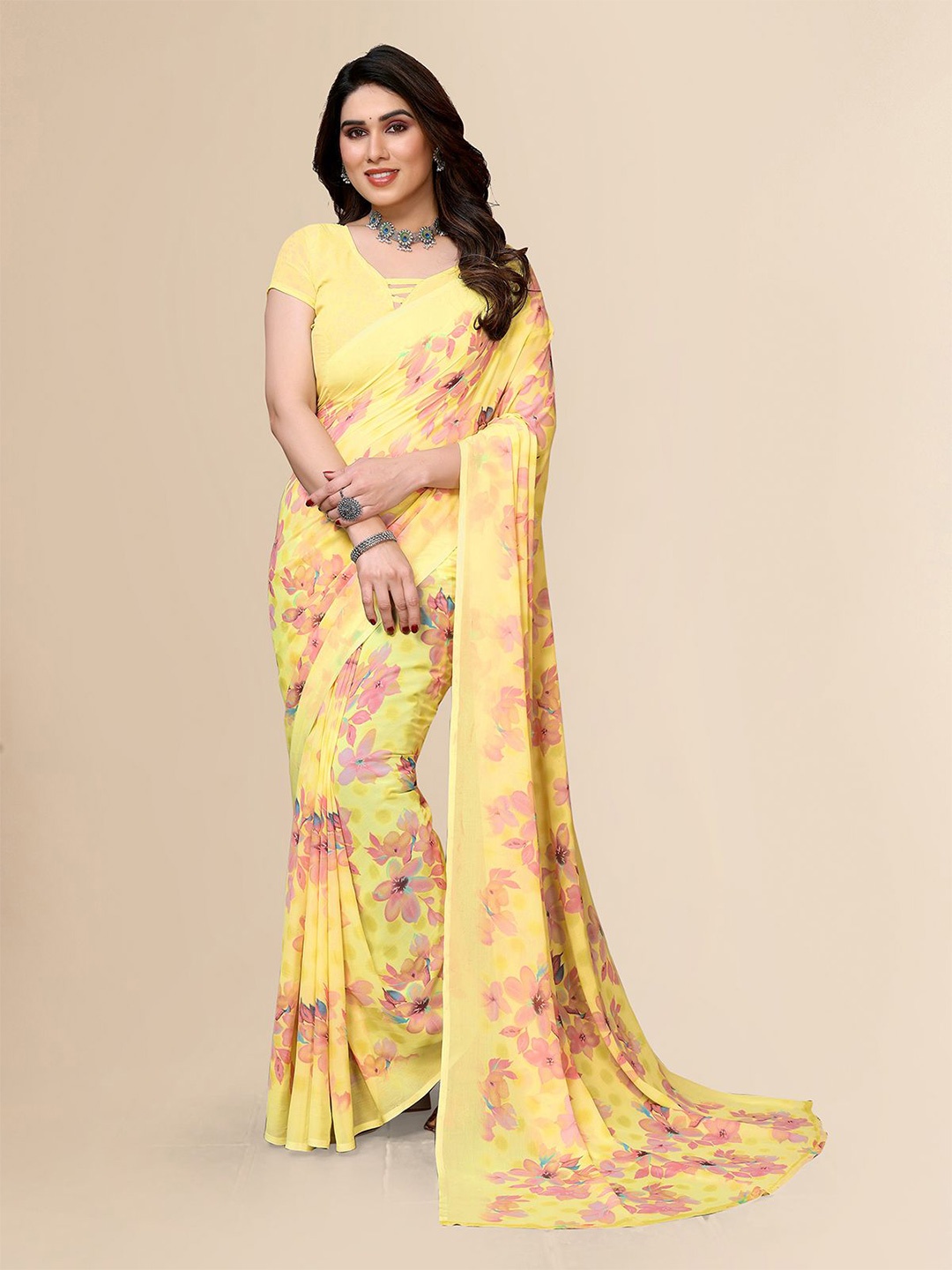 

Moda Rapido Floral Printed Saree With Unstitched Blouse Piece, Yellow