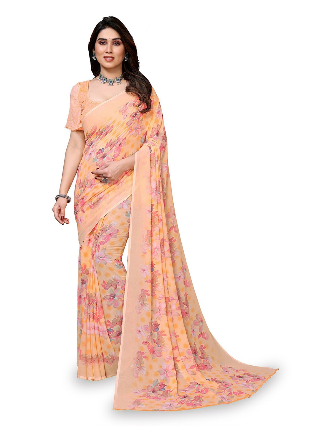 

Moda Rapido Floral Printed Saree with Unstitched Blouse Piece, Peach