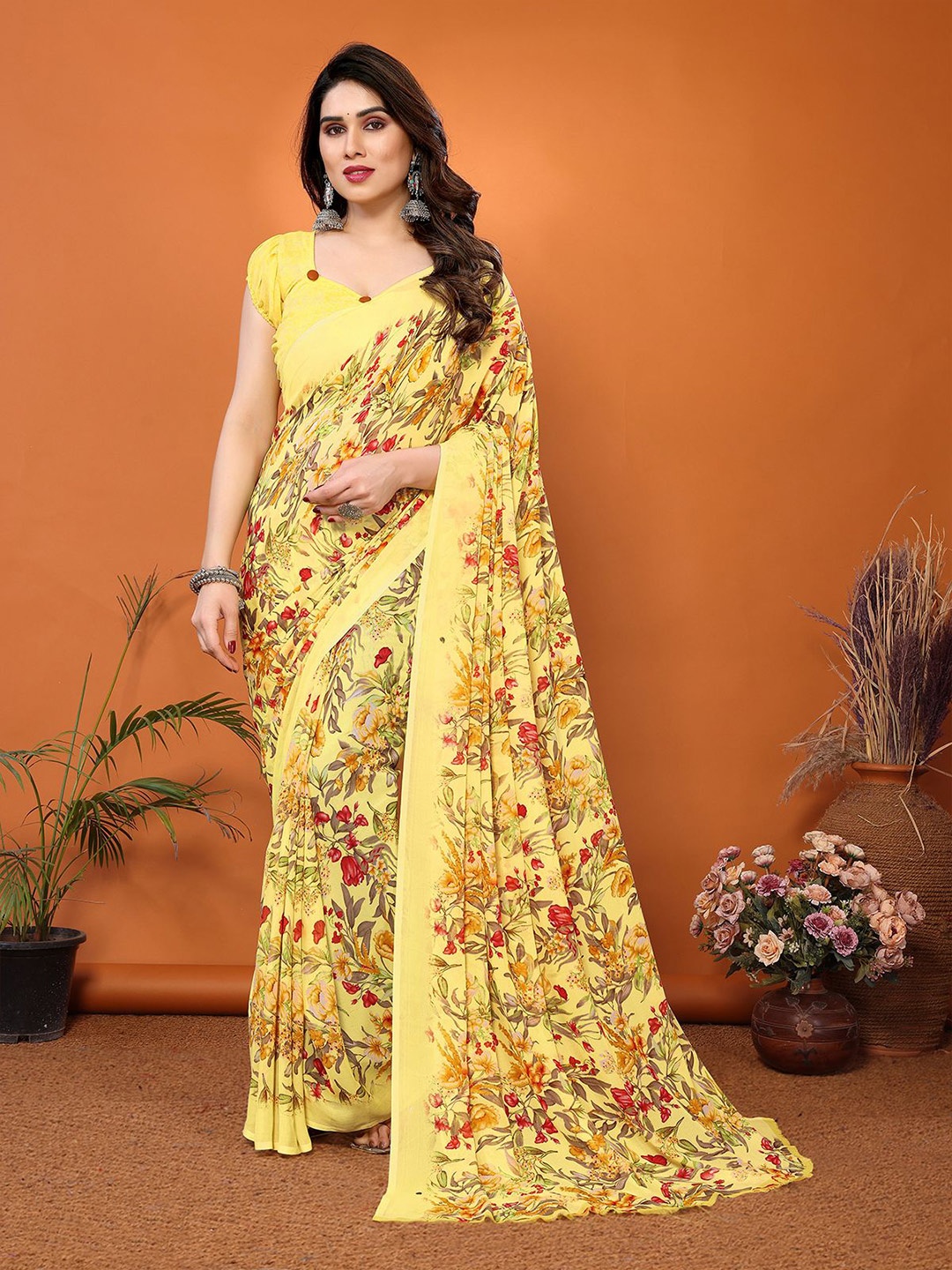 

Moda Rapido Floral Printed Saree With Unstitched Blouse Piece, Yellow