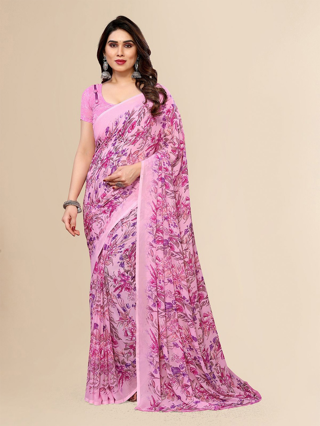 

Moda Rapido Floral Printed Saree with Blouse Piece, Pink