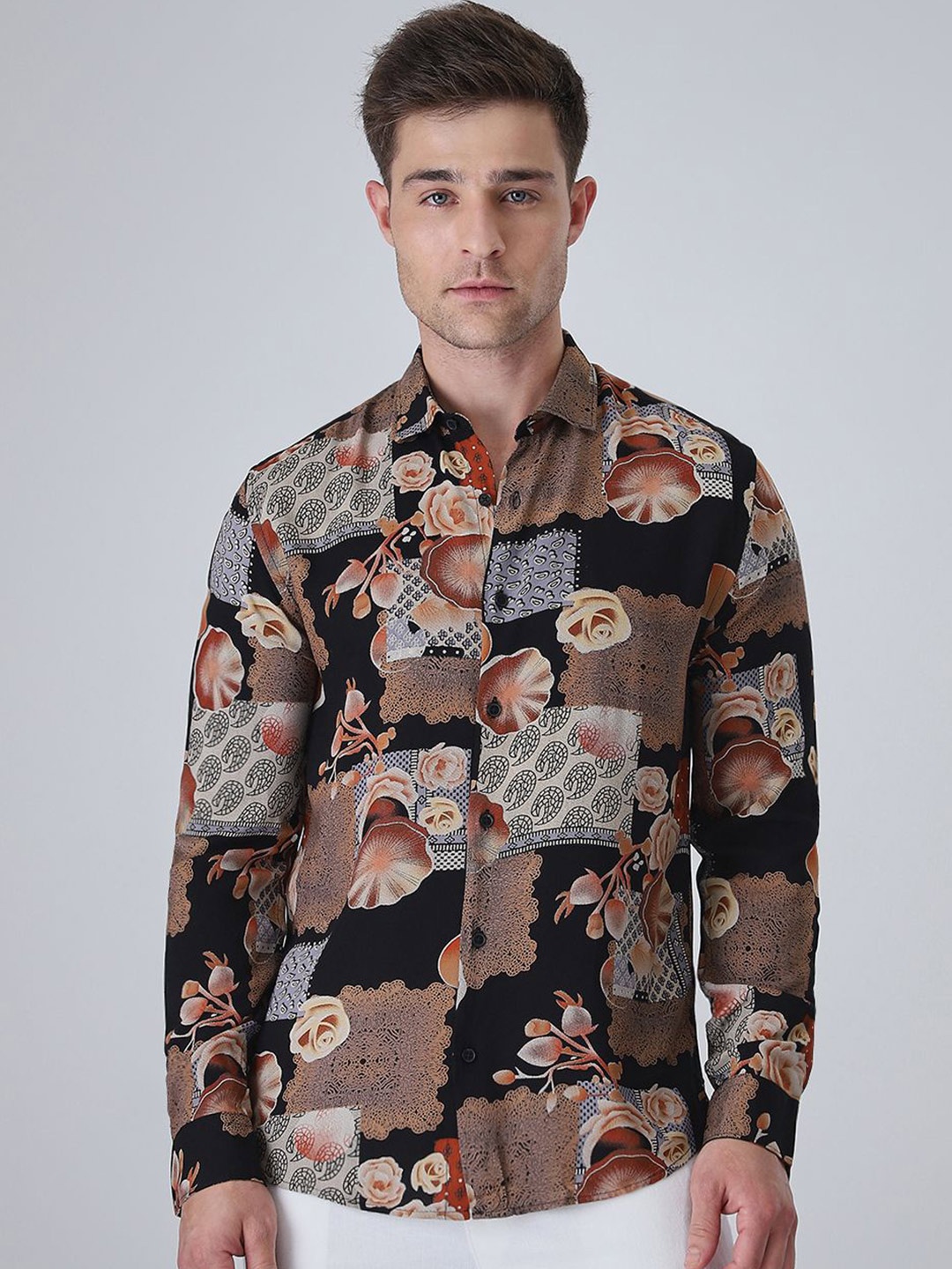 

Banana Club Men Classic Slim Fit Floral Semi Sheer Printed Casual Shirt, Black