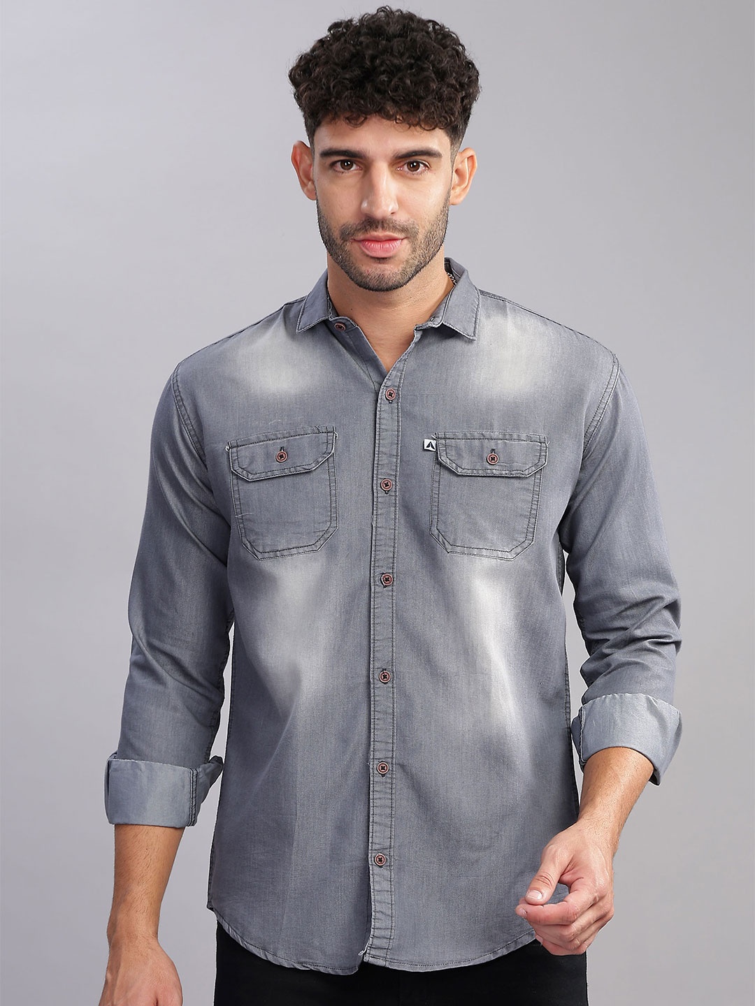 

AIDAN PAUL Men Classic Fit Spread Collar Faded Denim Casual Shirt, Grey