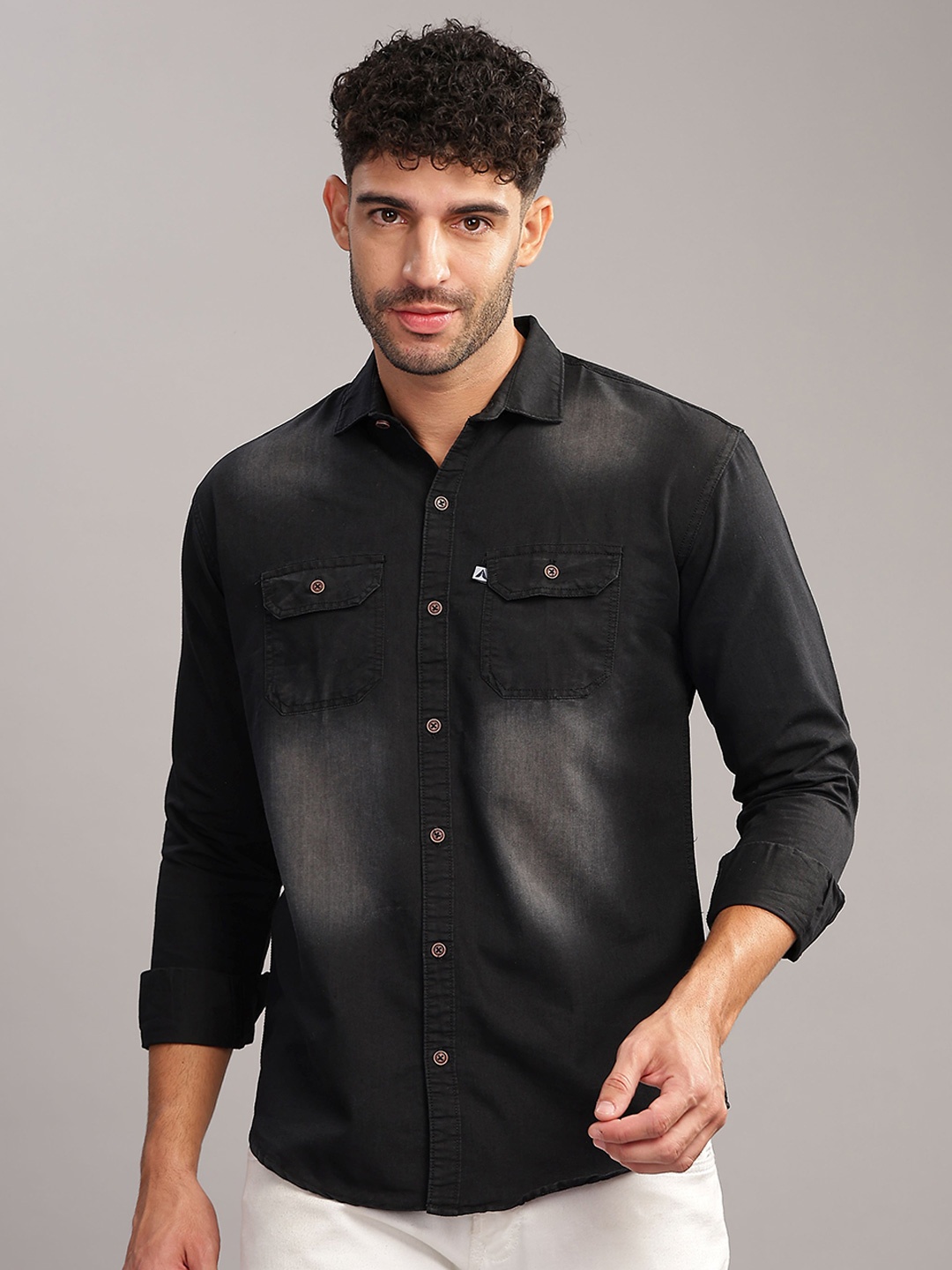 

AIDAN PAUL Men Classic Fit Spread Collar Faded Denim Casual Shirt, Black
