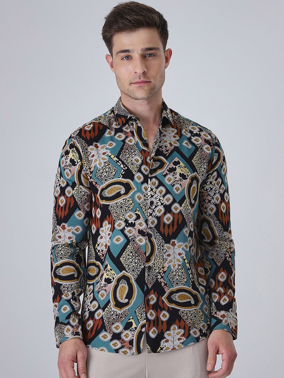 

Banana Club Men Classic Slim Fit Ethnic Printed Casual Shirt, Teal