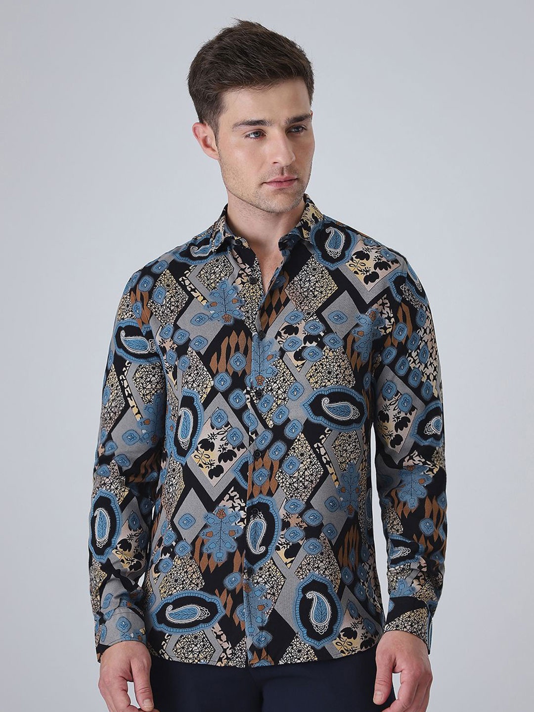 

Banana Club Men Classic Slim Fit Semi Sheer Printed Casual Shirt, Grey