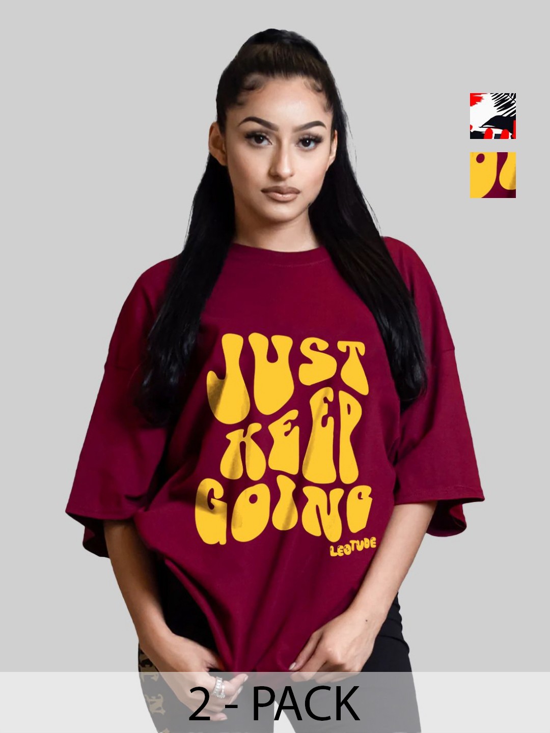 

Leotude Women Pack Of 2 Typography Printed Round Neck Cotton Oversized T-shirts, Maroon