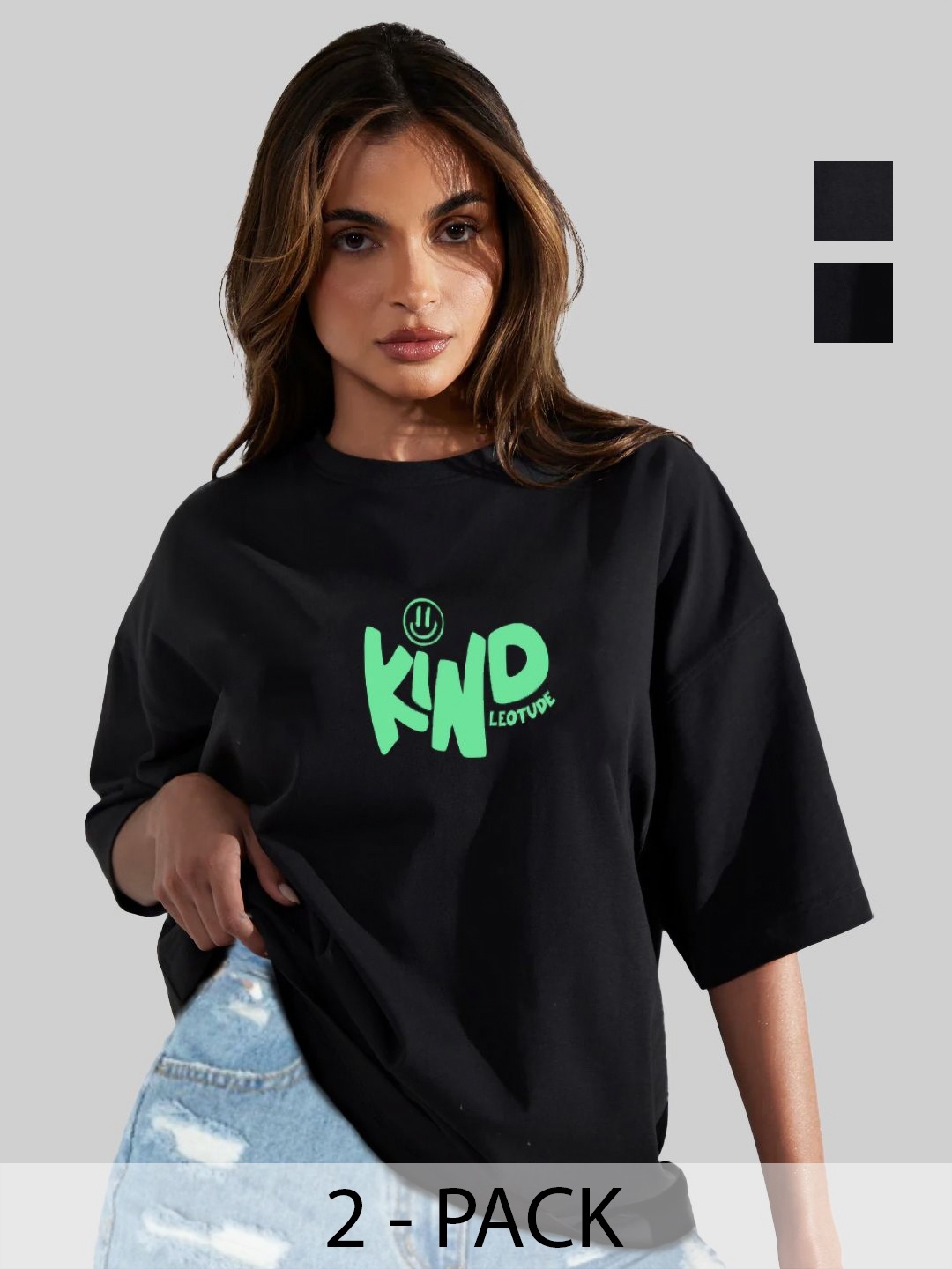 

Leotude Women Pack Of 2 Graphic Printed Round Neck Cotton Oversized T-shirts, Black