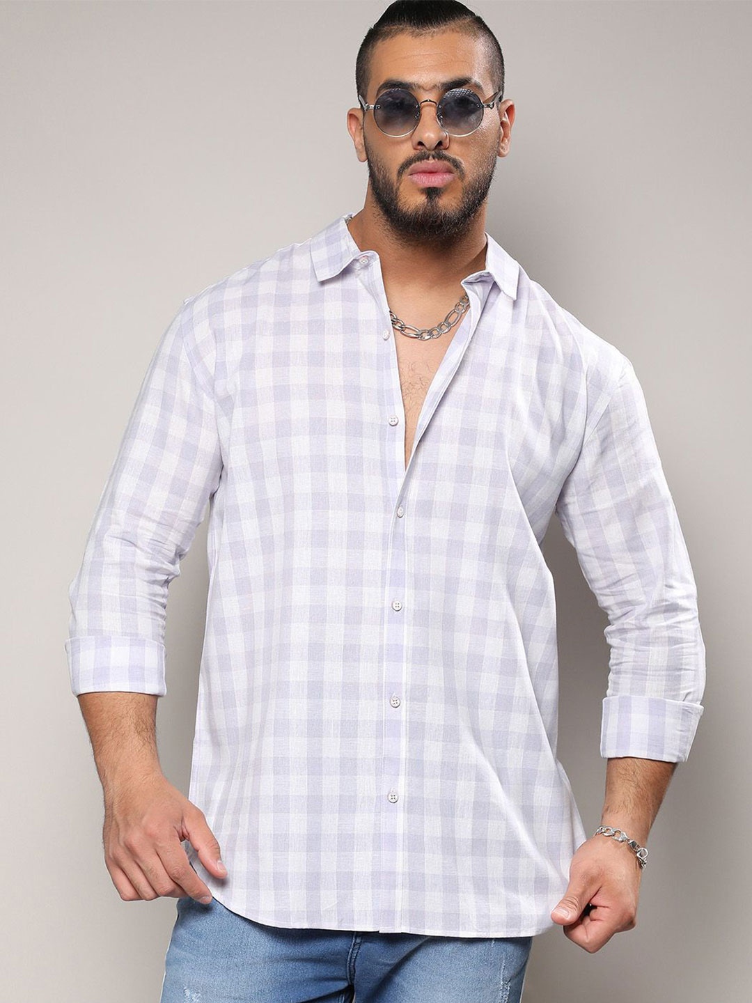 

Instafab Plus Men Comfort Fit Spread Collar Gingham Checked Cotton Casual Shirt, White