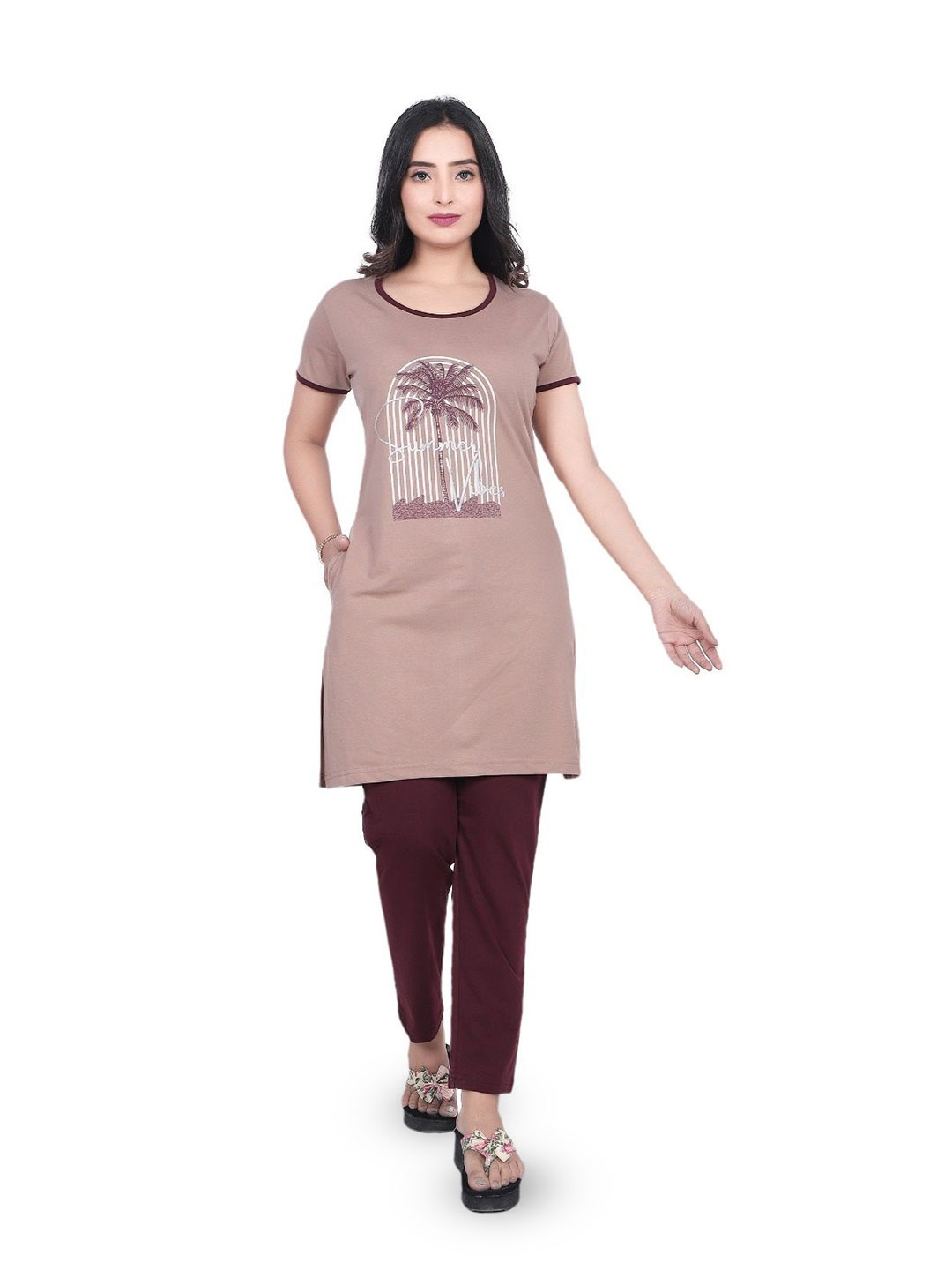 

CLINT Printed Round Neck Tunic With Trousers, Burgundy