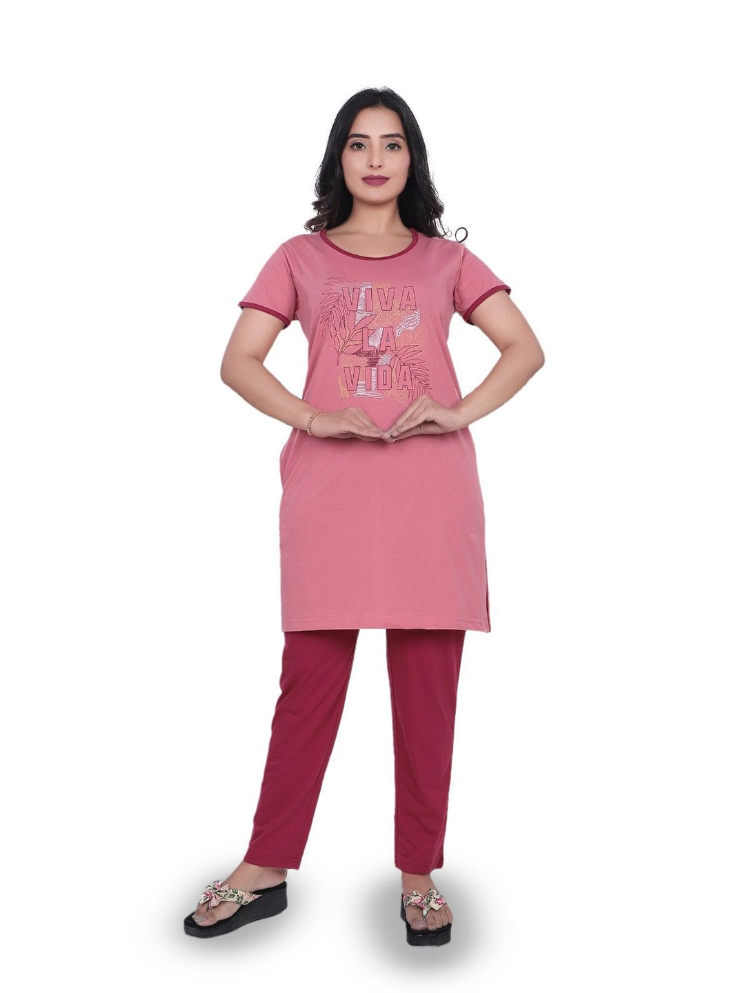 

CLINT Printed Round Neck Tunic With Trousers, Pink