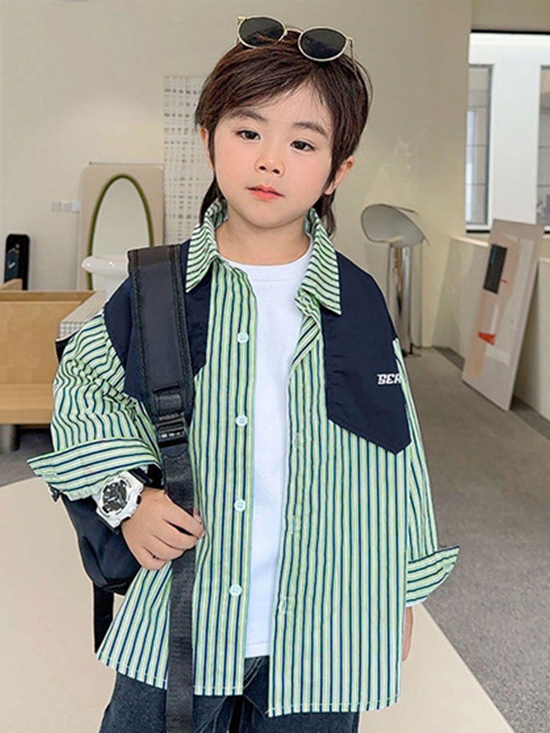 

LULU & SKY Boys Relaxed Fit Spread Collar Vertical Striped Cotton Casual Shirt, Green