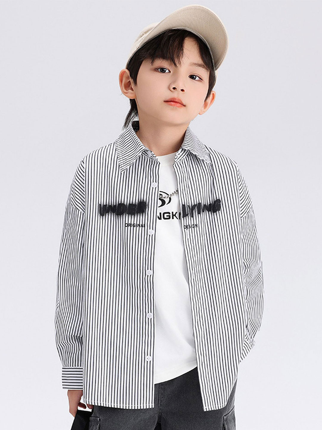 

LULU & SKY Boys Relaxed Fit Spread Collar Vertical Striped Casual Shirt, White