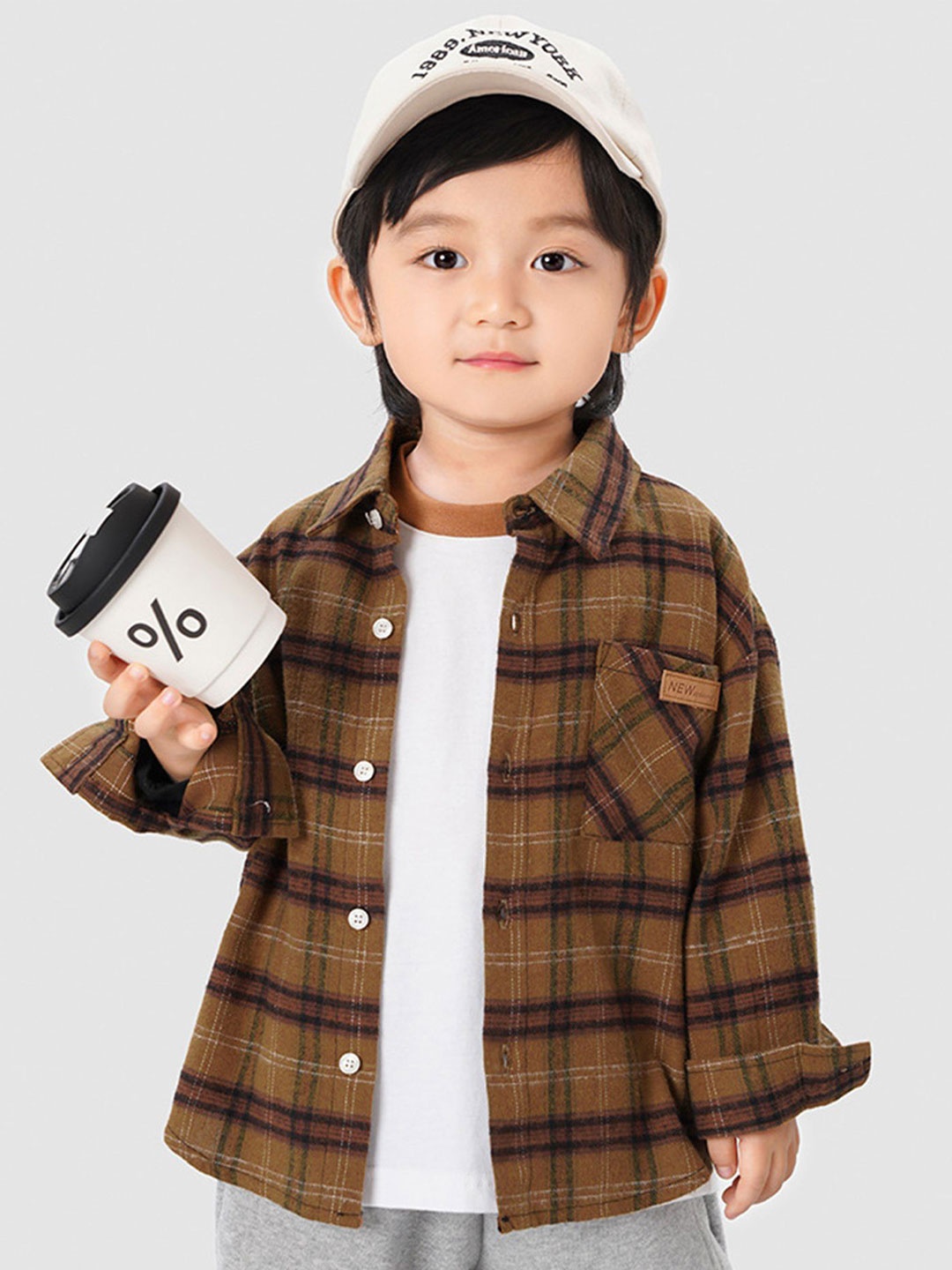 

LULU & SKY Boys Relaxed Fit Spread Collar Tartan Checked Cotton Casual Shirt, Brown