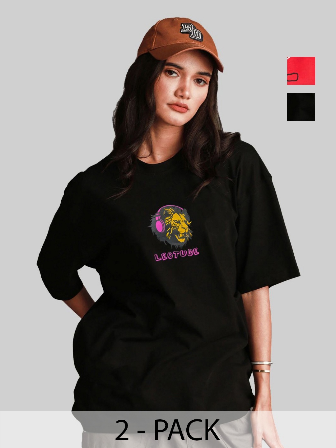

Leotude Women Pack Of 2 Graphic Printed Round Neck Cotton Oversized T-shirts, Black