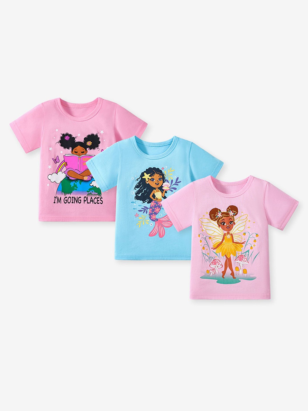 

LULU & SKY Girls Printed Cotton Pack Of 3 Short Sleeves Round Neck Top, Blue