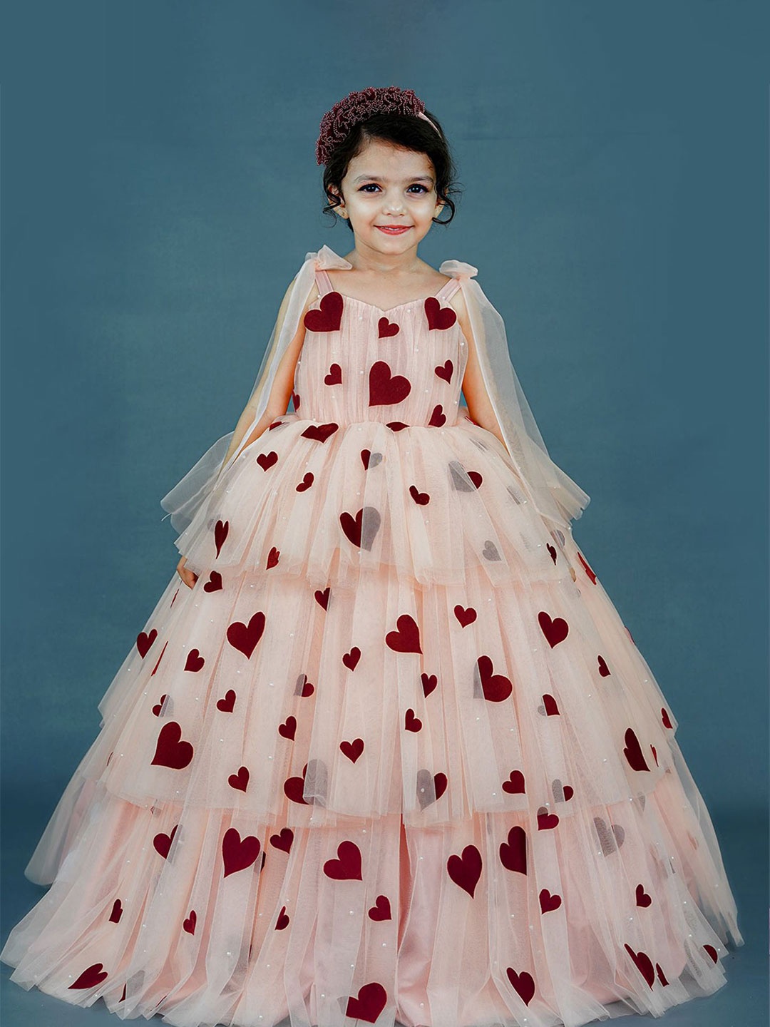 Li & Li Boutique Girls Embellished Net Gown Dress, Peach