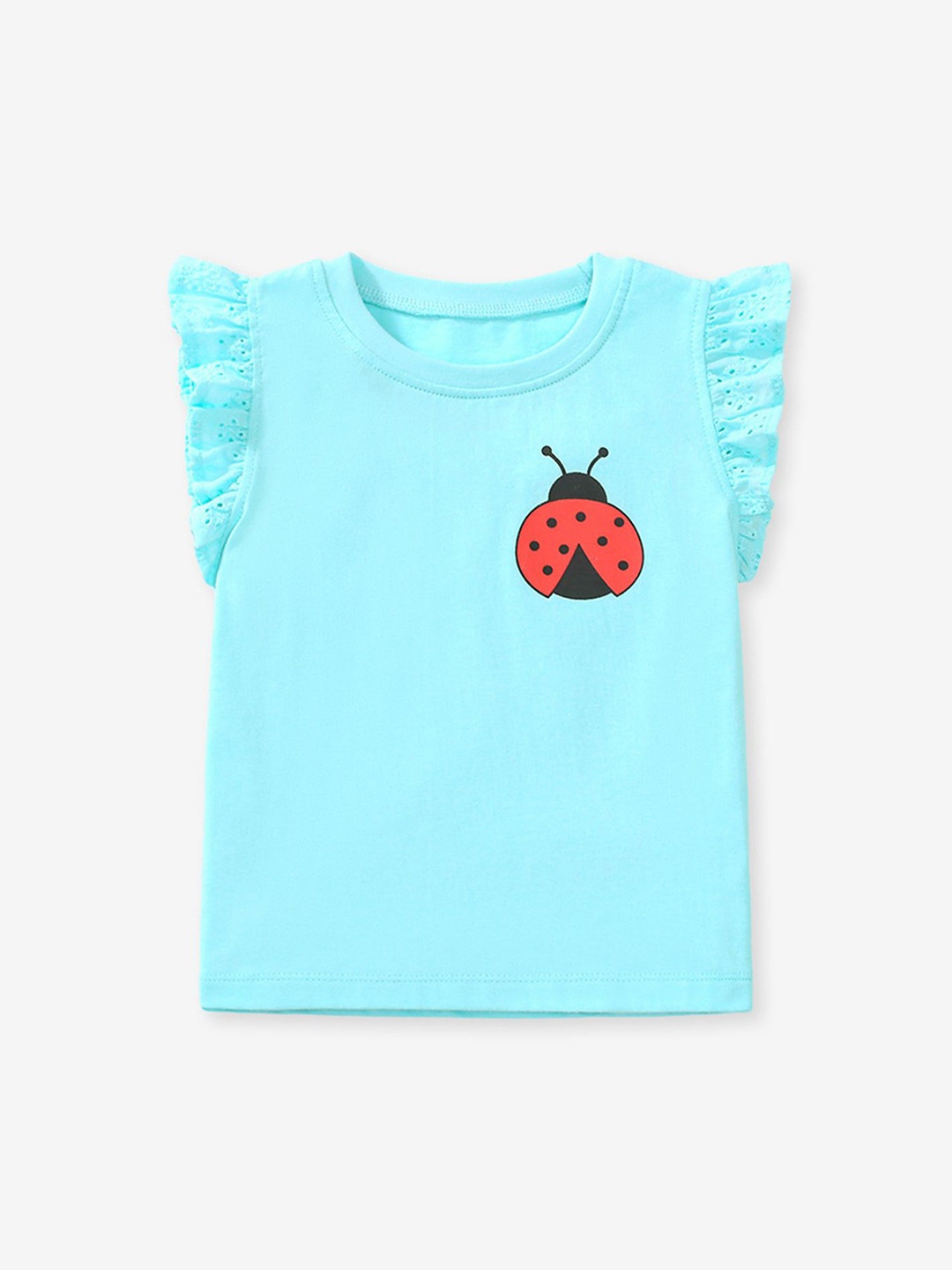 

LULU & SKY Girls Graphic Printed Flutter Sleeve Pure Cotton Top, Blue