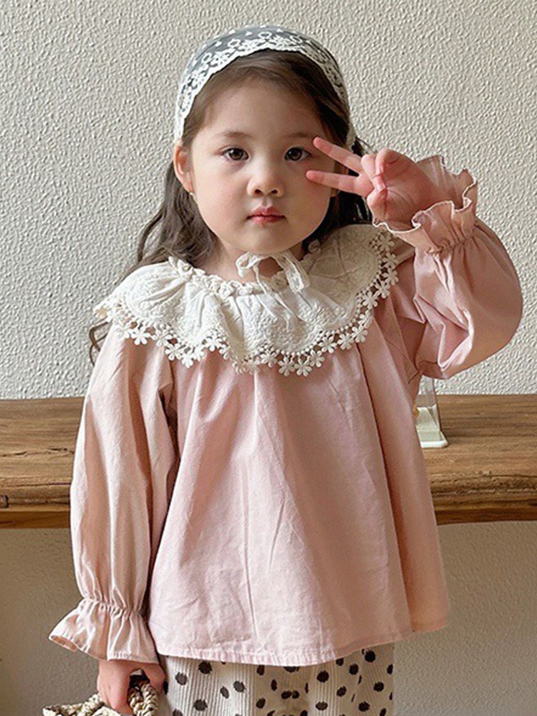 

LULU & SKY Girls Round Neck Puff Sleeves Pure Cotton Top, Pink